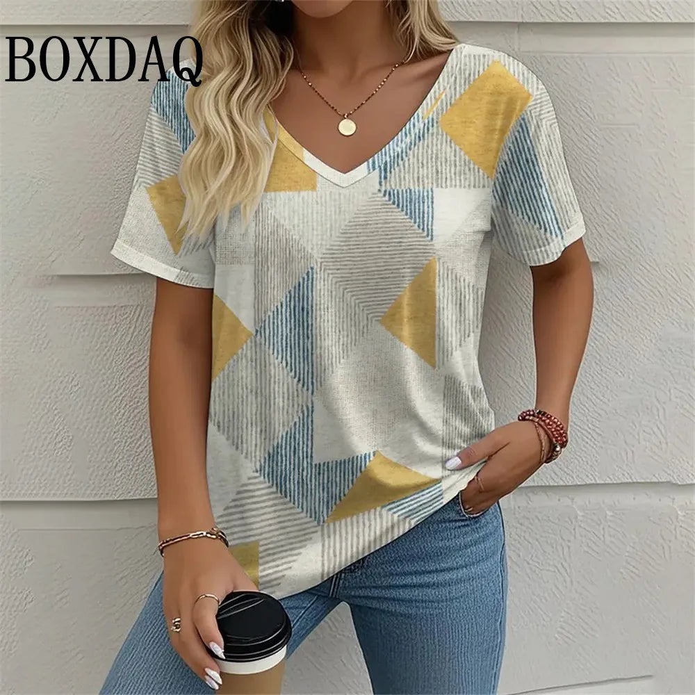 T-Shirt d'été à manches courtes et col en V imprimé graphique du 1XL au 8XL