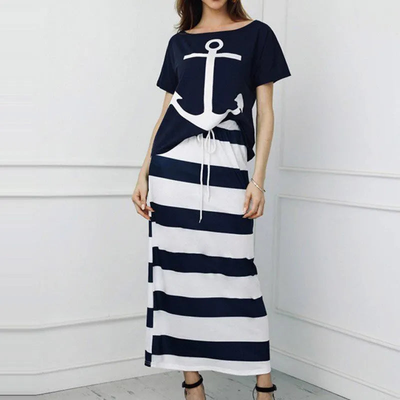 Ensemble t-shirt à épaules dénudées et jupe longue rayée du S au 5XL