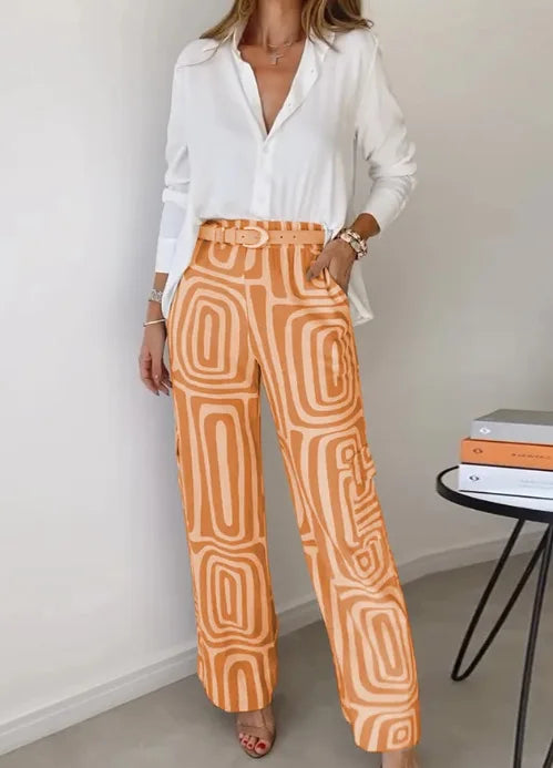 Ensemble élégant décontracté couleur unie taille élastique pantalon imprimé du S au 3XL