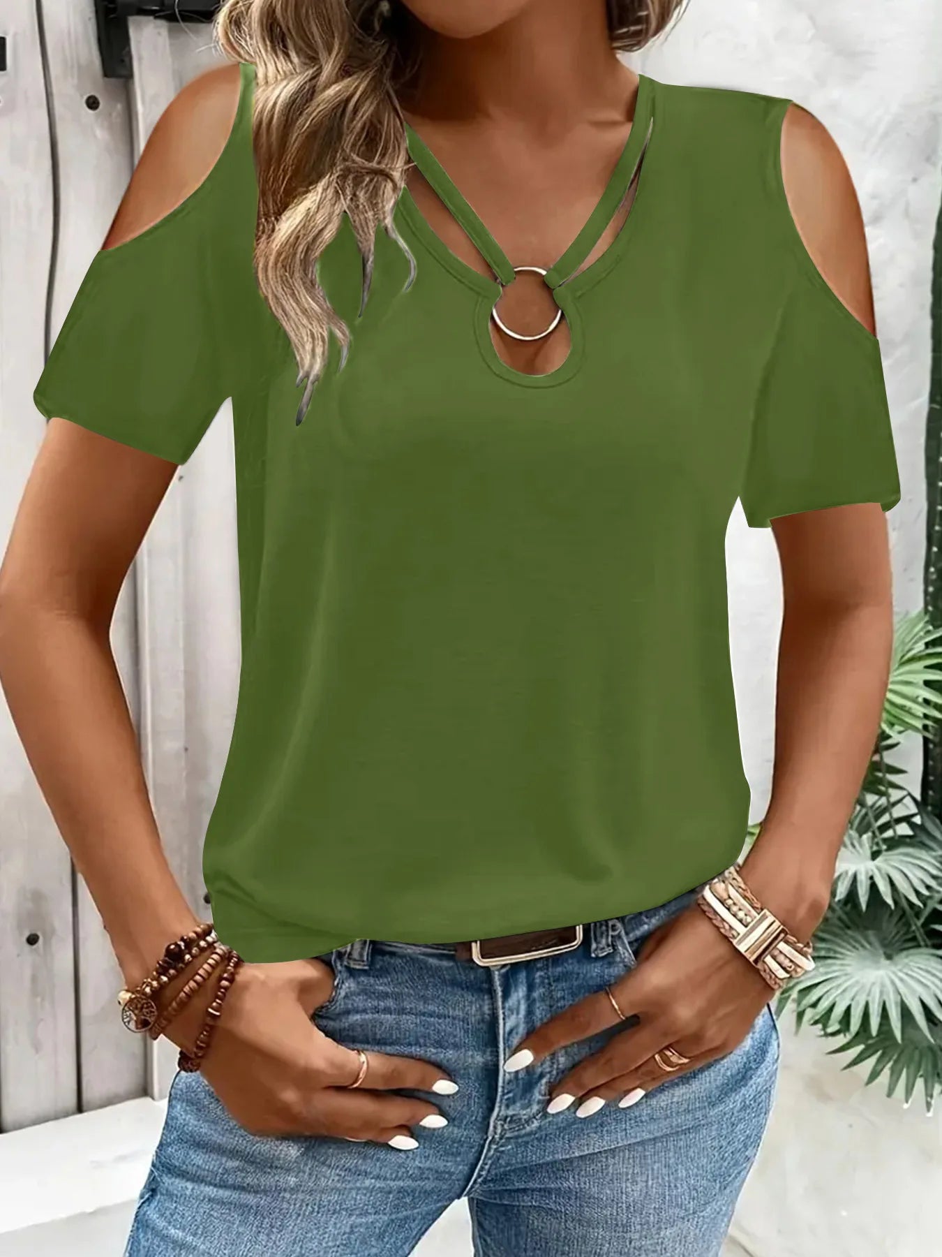 T-shirt à manches courtes décontracté épaules nues col en V couleurs unies du S au 2XL