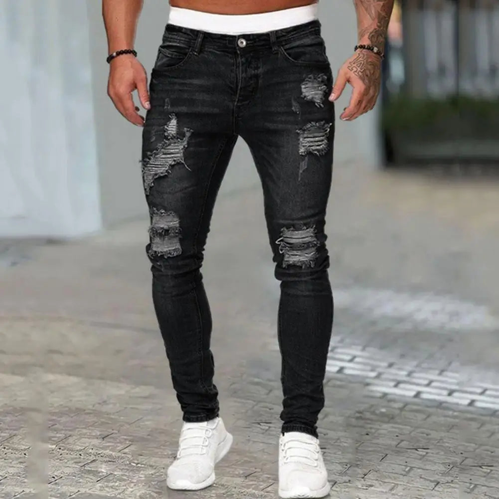 Jeans coupe ajustée déchiré plissé genou du M au 3XL