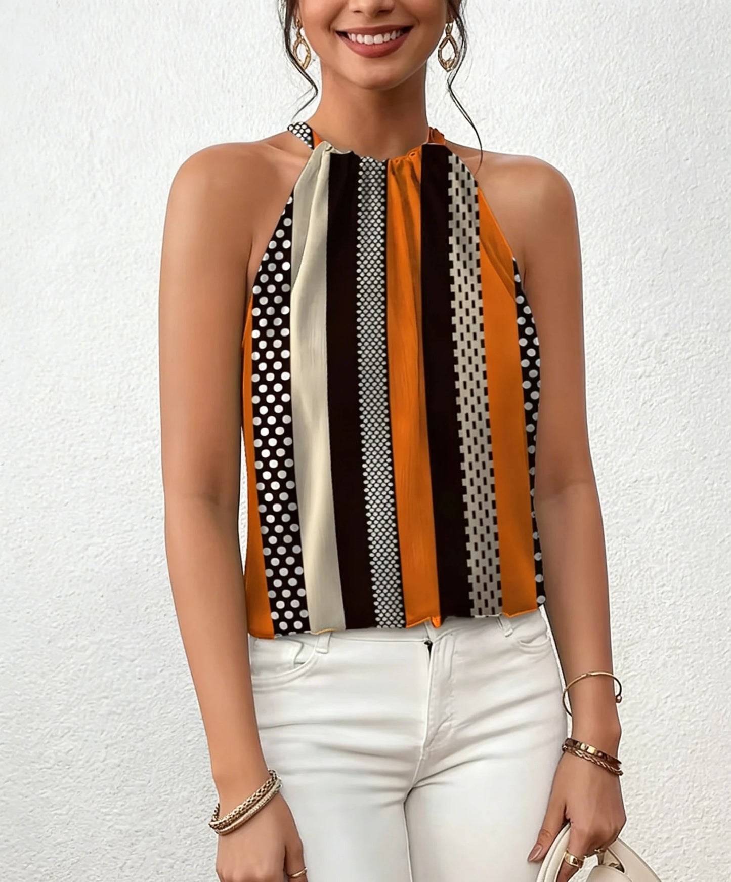 Débardeur pour femmes, printemps été, orange brun, rayé, à pois, col halter, sans manches, rétro chic, décontracté quotidien MAEJORKEN