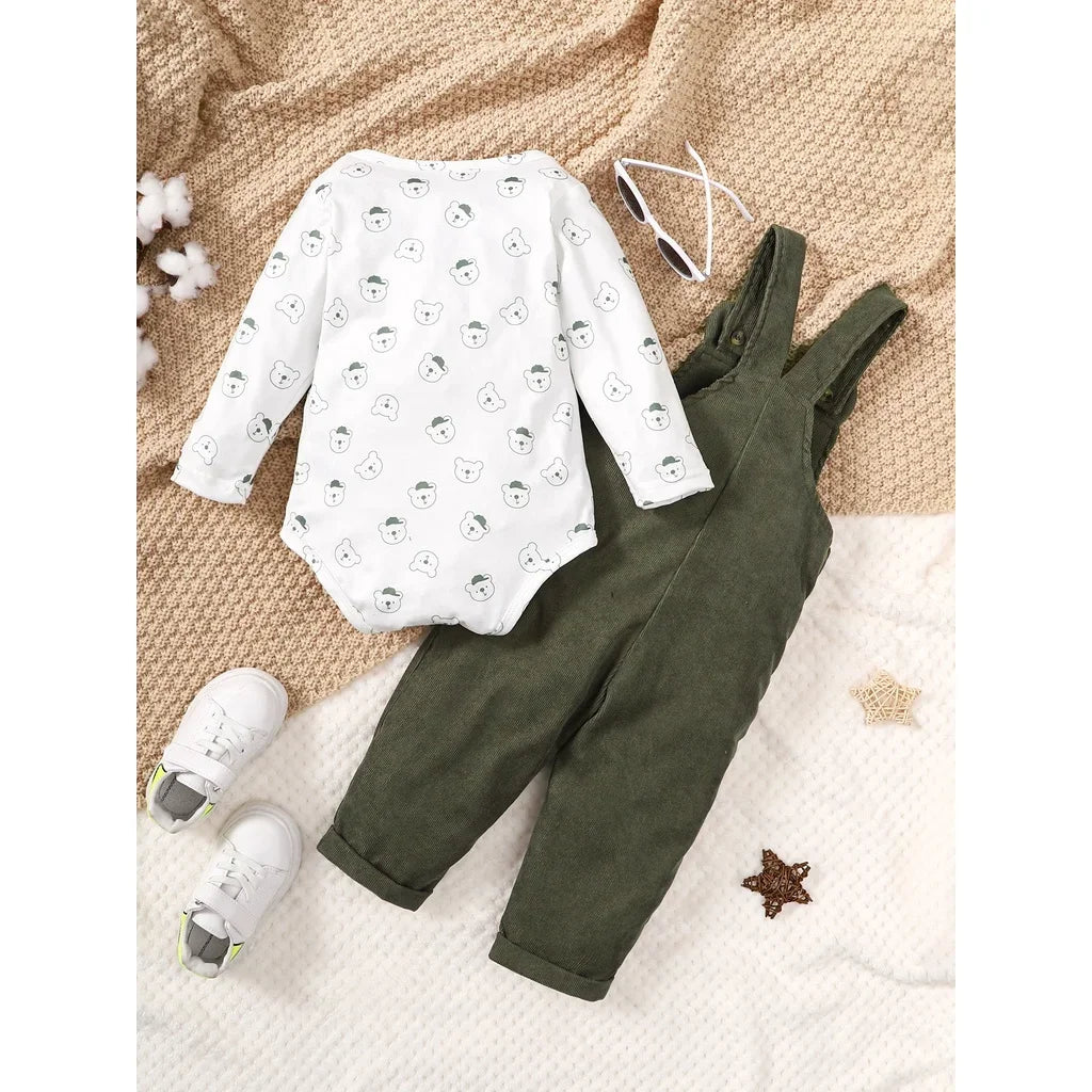 Ensemble 2 pièces pour bébé garçon body imprimé ours avec salopette verte du 3 au 24 mois