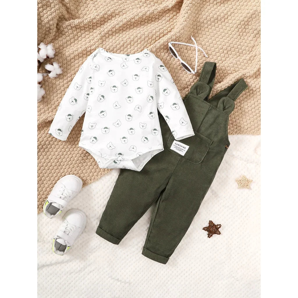 Ensemble 2 pièces pour bébé garçon body imprimé ours avec salopette verte du 3 au 24 mois