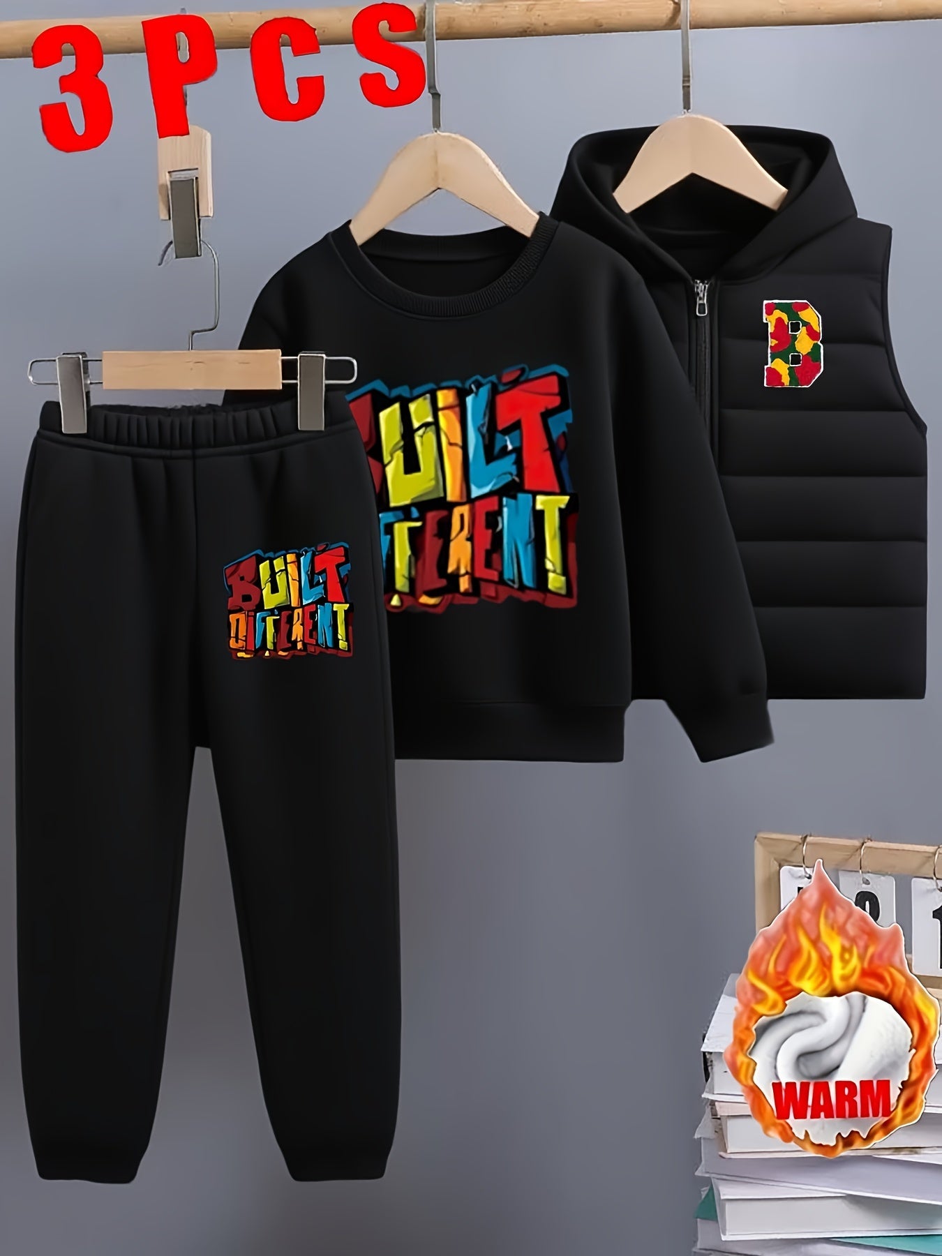 Boys' Autumn and Winter Black and Cartoon Football Set - 8-12Y Warm 3pcs Outfit (Fleece Vest + Sweatshirt + Pants), for Outdoor MAEJORKEN