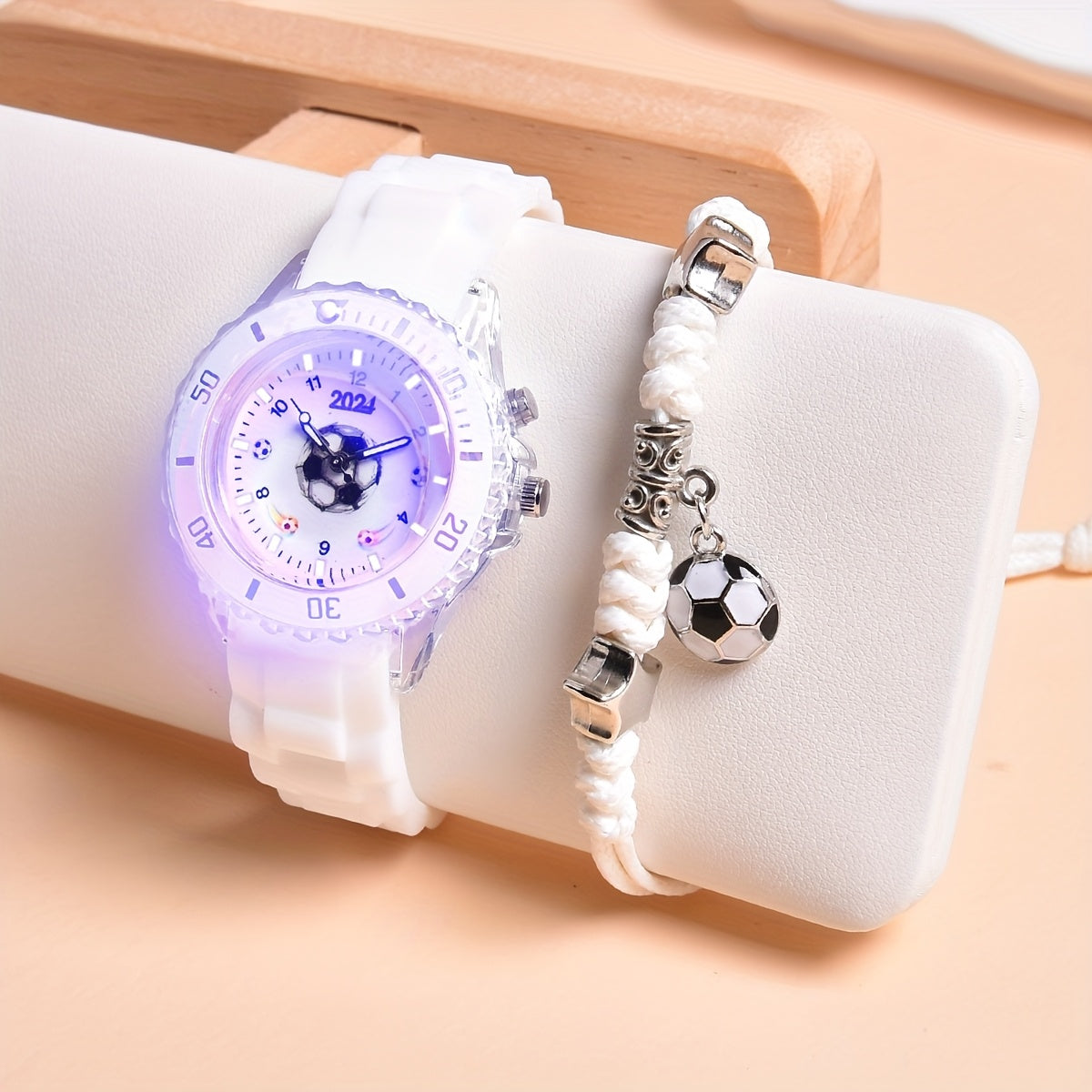 2024 New Double Movement LED Luminous Watch for Boys Football Sports Watch Adjustable Braided Rope Bracelet Set 2pcs MAEJORKEN