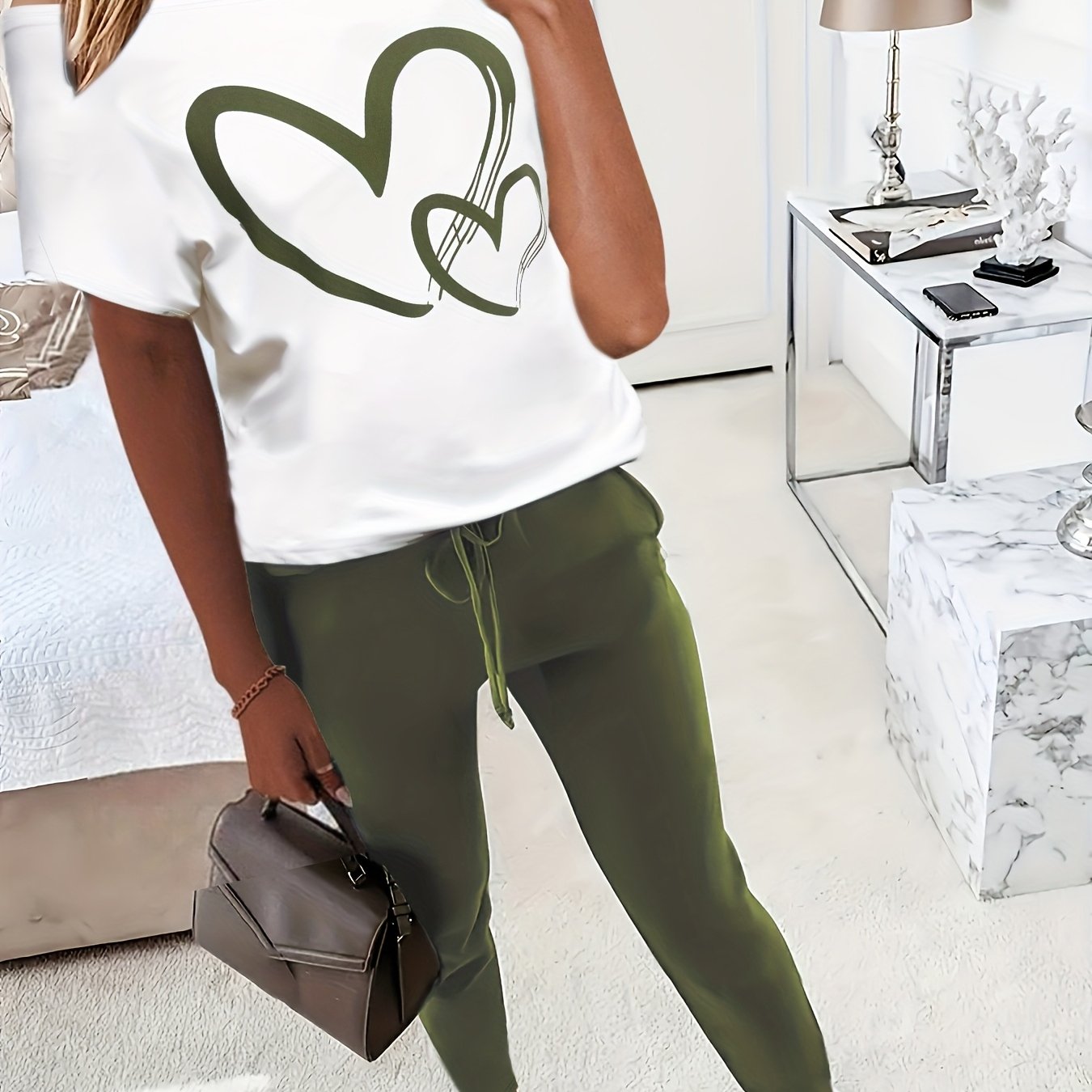Ensemble t-shirt à manches courtes et pantalon à imprimé cœur du S au 2XL