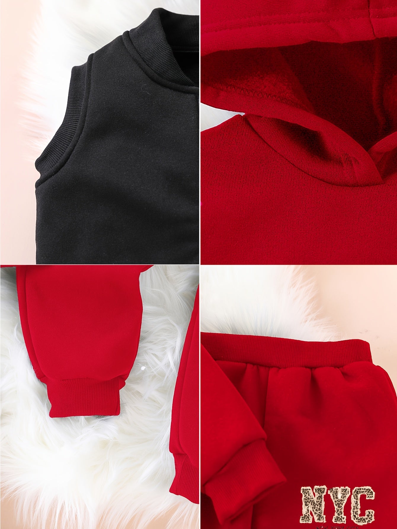 3pcs Girls' NYC Glitter Lettering & Golden Trim Winter Warmth Full-Zip Hooded Sweater & Wide-Leg Pants Set with Faux Fur Hood - Thickened Outerwear for Fall/Winter, Machine Washable - Pink & Black Lettering, White Lettering & MAEJORKEN