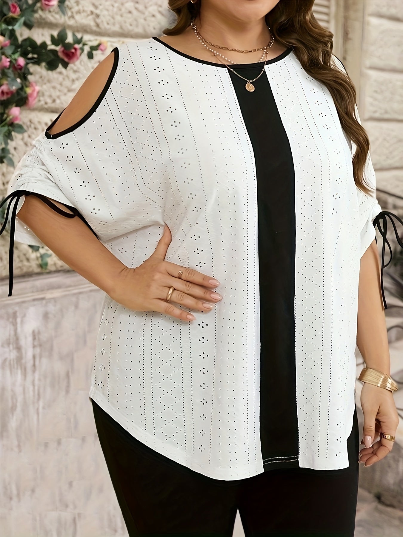 Plus Size - Women'S Plus Size Elegant White Blouse with Black Drawstring Sleeves - Round Neck, Stretchy Polyester-Spandex Blend, All-Season Versatile Top for Casual or Formal Wear, Versatile Fashion | Round Neck Blouse | Medi MAEJORKEN