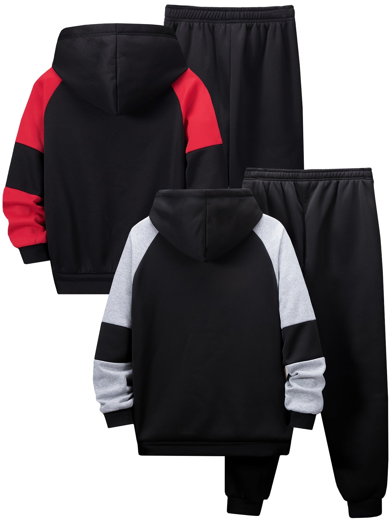 2 Sets of Classic Contrast Color Splicing Hoodie and Pants, Fashionable Casual Sports Suit for Boys and Girls, Comfortable Children's Daily Wear with Velvet in Autumn and Winter MAEJORKEN