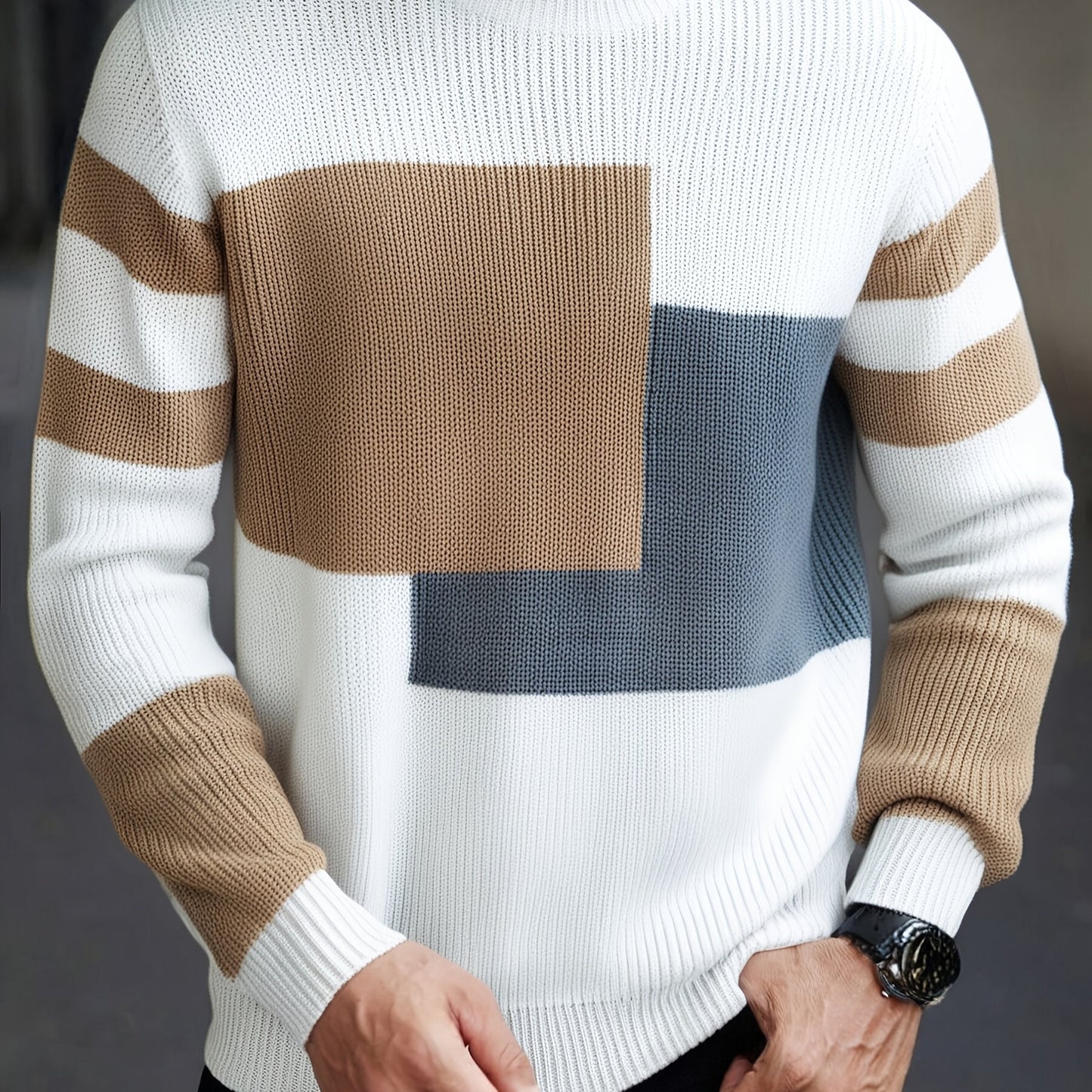 Pull à bloc de couleurs beige/bleu/gris à col rond du S au 2XL