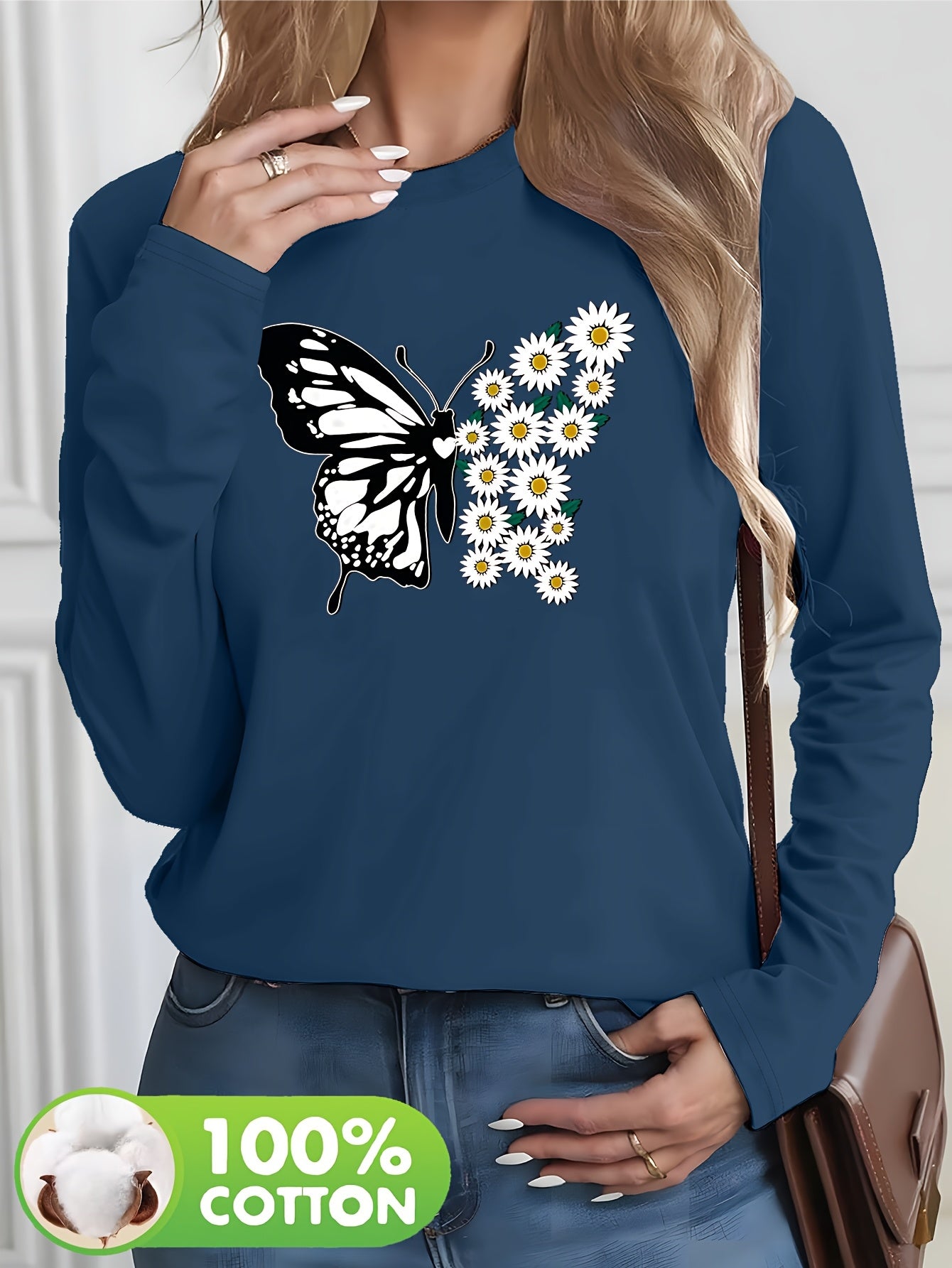 Pull à manches longues femme 100% coton imprimé papillon du S au 2XL
