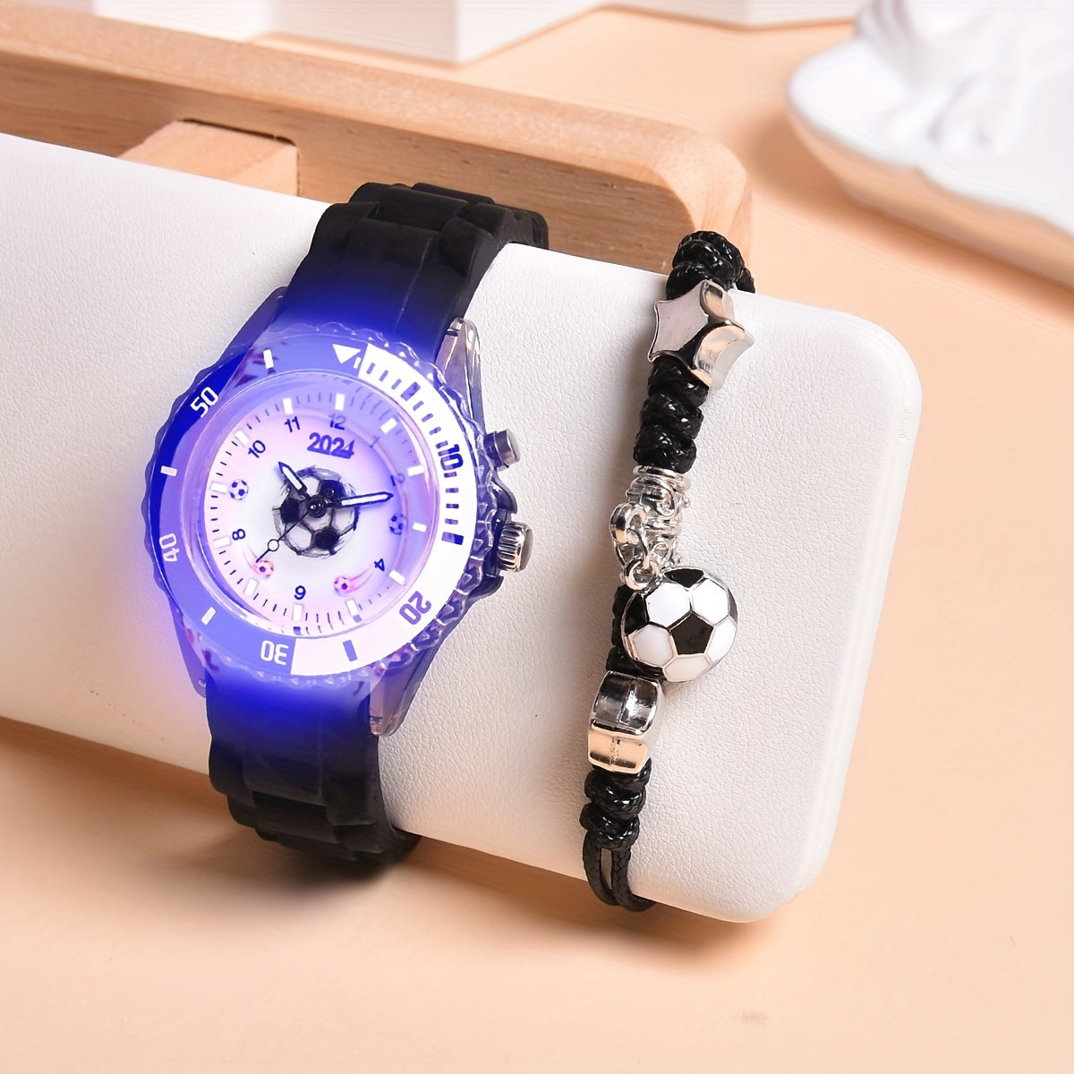 2024 New Double Movement LED Luminous Watch for Boys Football Sports Watch Adjustable Braided Rope Bracelet Set 2pcs MAEJORKEN