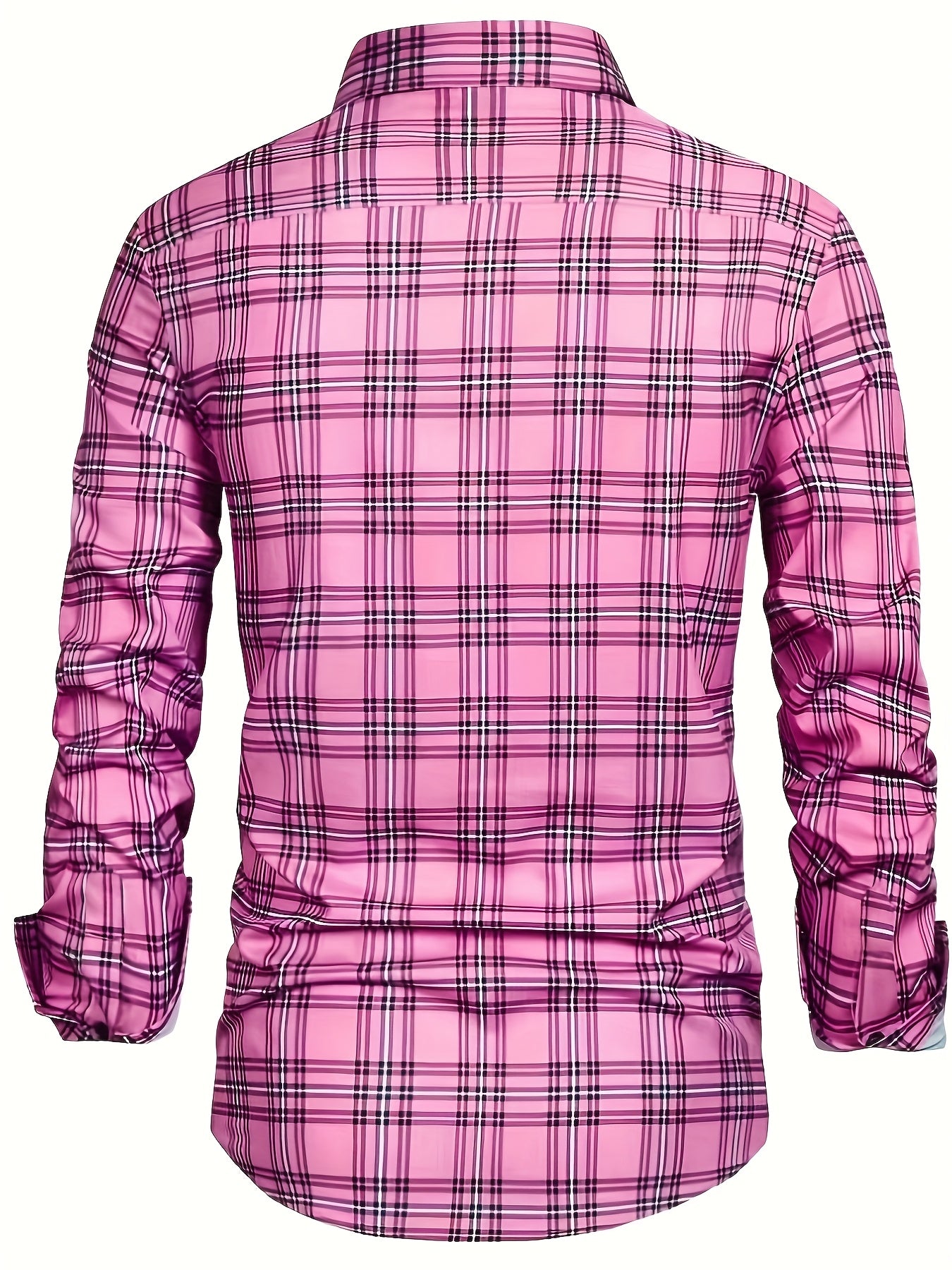 Men'S Pink & Plaid Checkered Long Sleeve Shirt - 3D Digital Print, Button-Up Collar, Single-Breasted, Regular Fit Casual & Formal Wear for Fall/Winter, Perfect For Parties & Casual Outings, Party Attire, Classic Collar, Styli MAEJORKEN