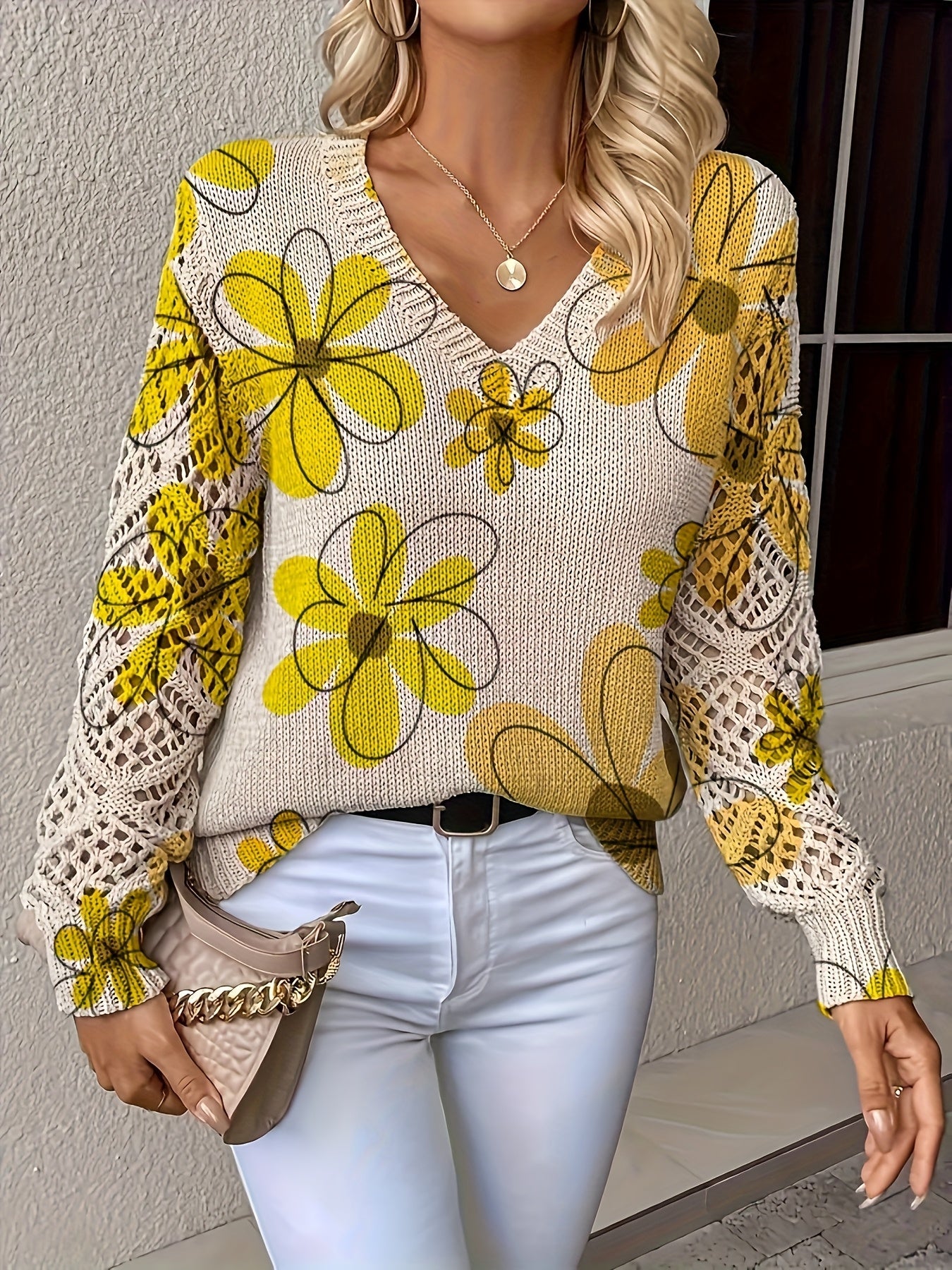 Elegant Bohemian Floral Print V-Neck Long Sleeve Top for Women - Versatile All-Season Pullover with Blue & Green Floral Design, Perfect for Office, Streetwear, Home, and Travel, Allseason Pullover | Bohemian Style | Digital P MAEJORKEN
