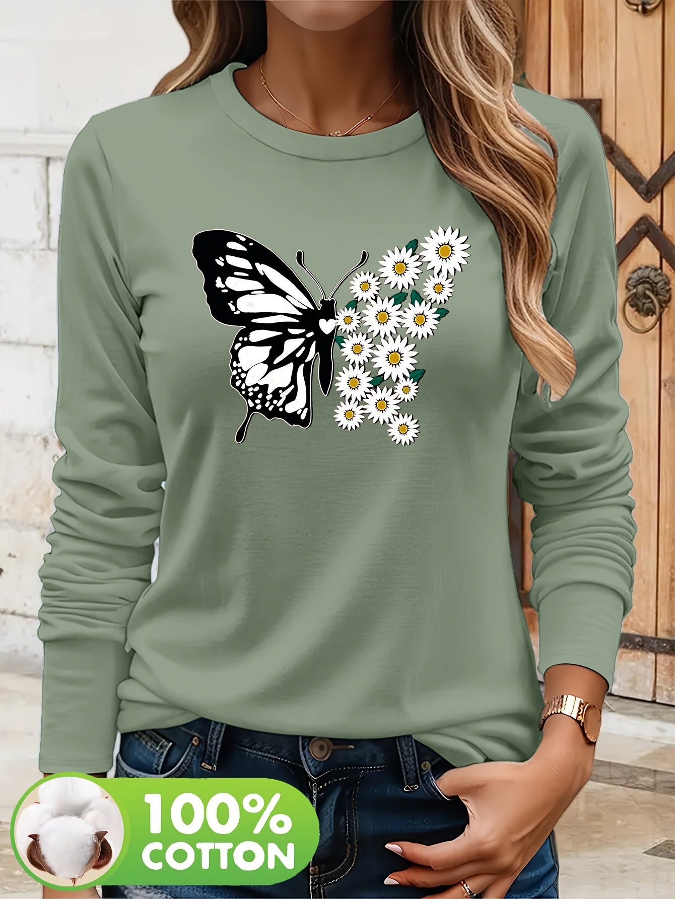 Pull à manches longues femme 100% coton imprimé papillon du S au 2XL