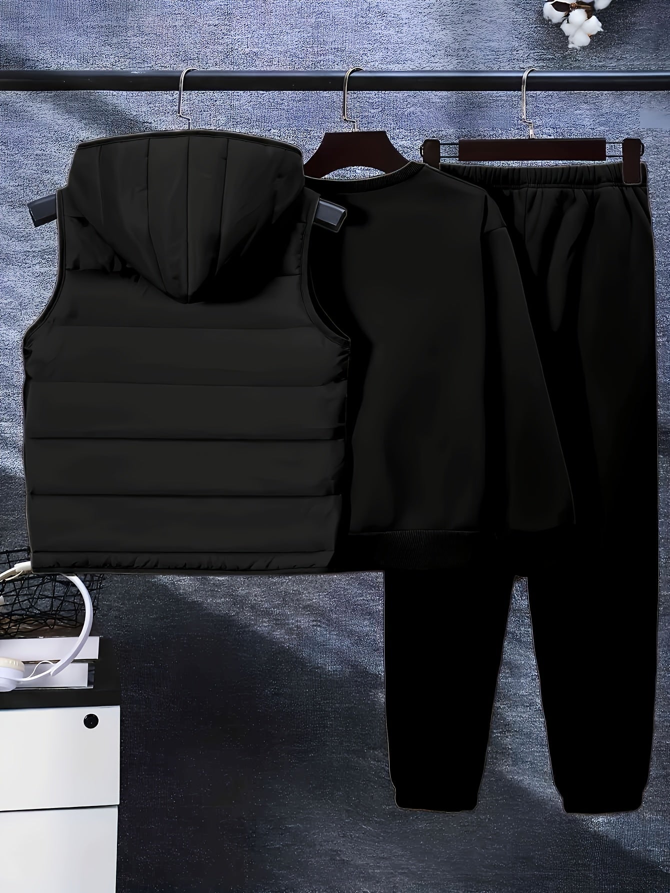 Boys' Autumn and Winter Black and Cartoon Football Set - 8-12Y Warm 3pcs Outfit (Fleece Vest + Sweatshirt + Pants), for Outdoor MAEJORKEN