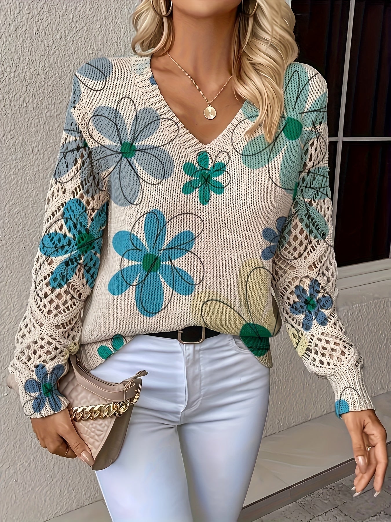 Elegant Bohemian Floral Print V-Neck Long Sleeve Top for Women - Versatile All-Season Pullover with Blue & Green Floral Design, Perfect for Office, Streetwear, Home, and Travel, Allseason Pullover | Bohemian Style | Digital P MAEJORKEN