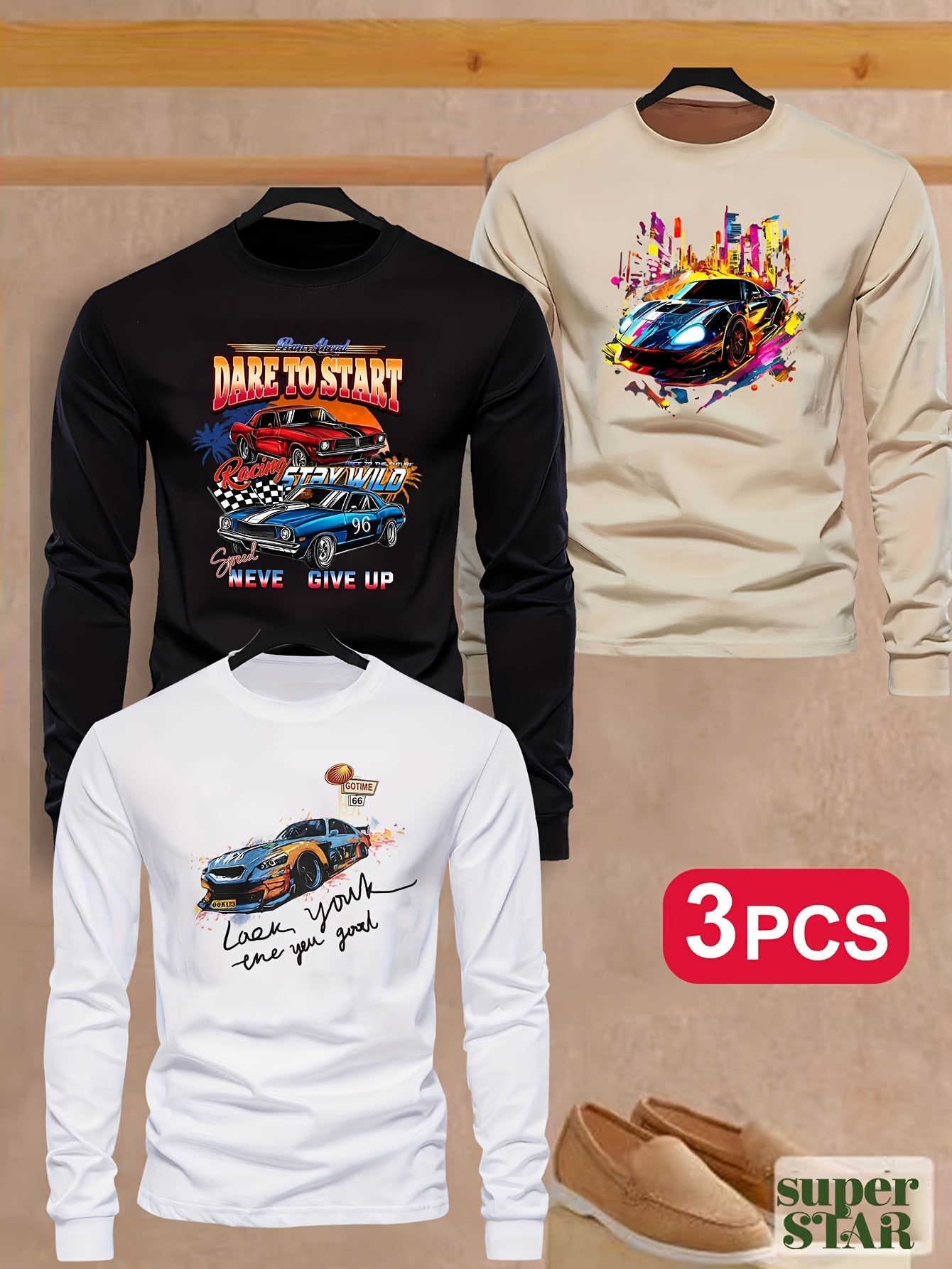 3pcs Boys' Casual Long Sleeve T-Shirts - Vibrant Sports Car Print, "Dare to Start" & "Never Give Up" Inspirational Messages, High-Elasticity Fabric, Crew Neck, Fall Fashion, Motocross Jersey, For Teenager MAEJORKEN