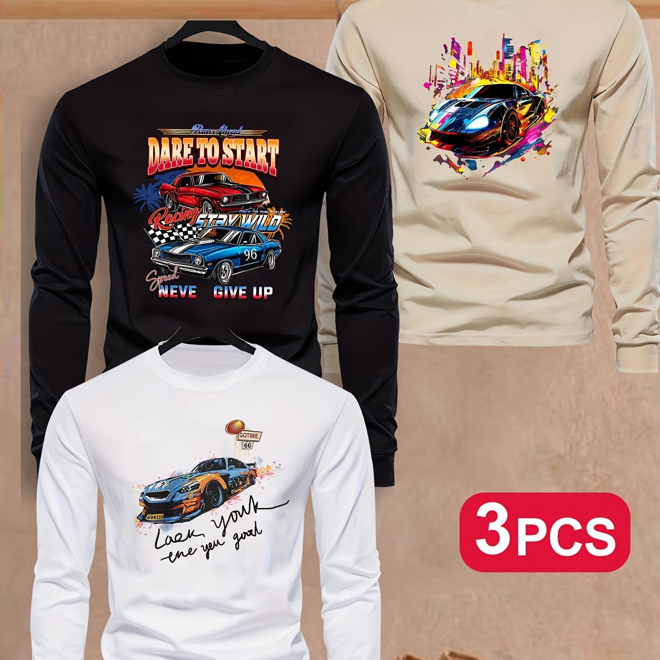 3pcs Boys' Casual Long Sleeve T-Shirts - Vibrant Sports Car Print, "Dare to Start" & "Never Give Up" Inspirational Messages, High-Elasticity Fabric, Crew Neck, Fall Fashion, Motocross Jersey, For Teenager MAEJORKEN