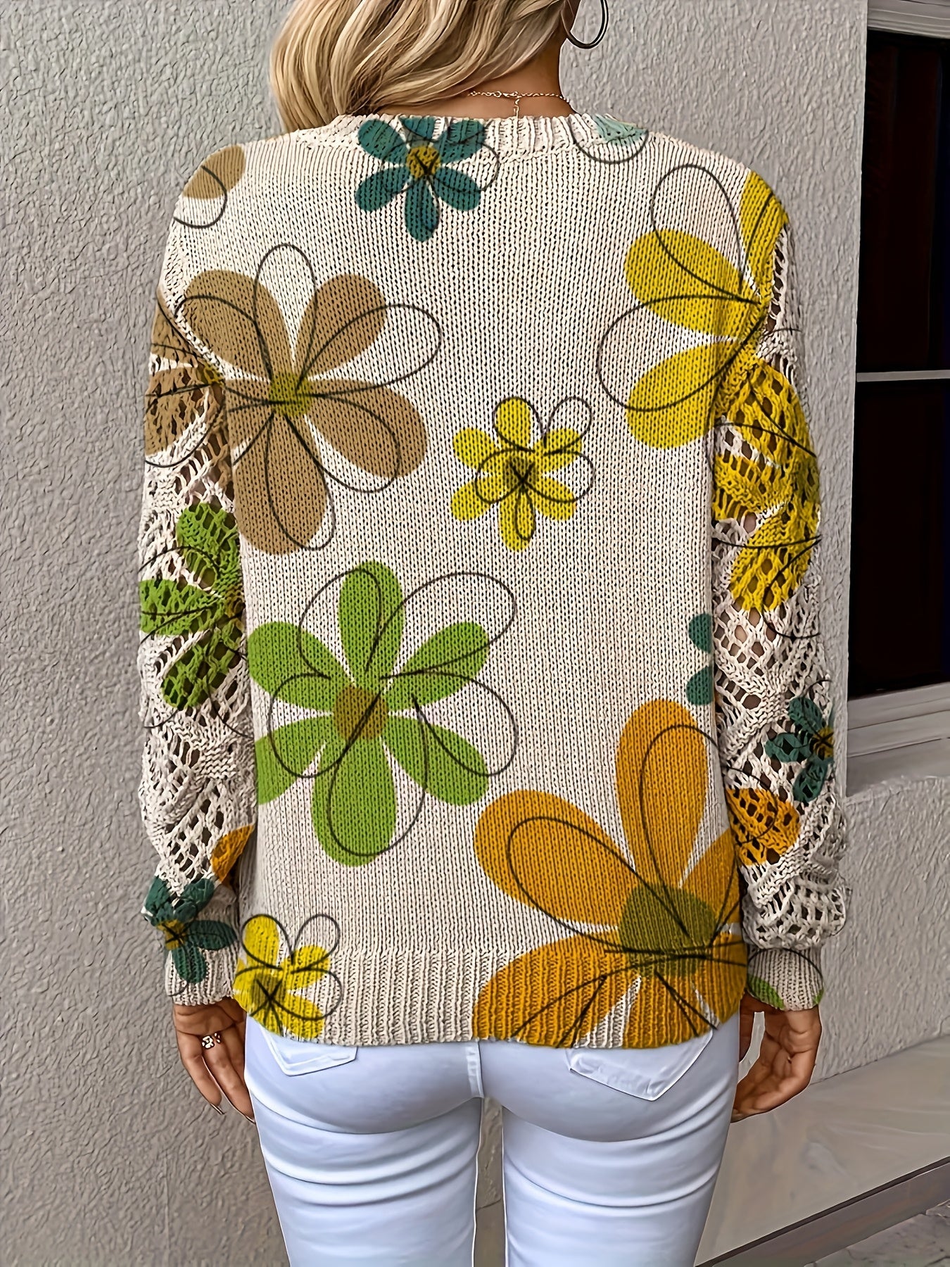Elegant Bohemian Floral Print V-Neck Long Sleeve Top for Women - Versatile All-Season Pullover with Blue & Green Floral Design, Perfect for Office, Streetwear, Home, and Travel, Allseason Pullover | Bohemian Style | Digital P MAEJORKEN