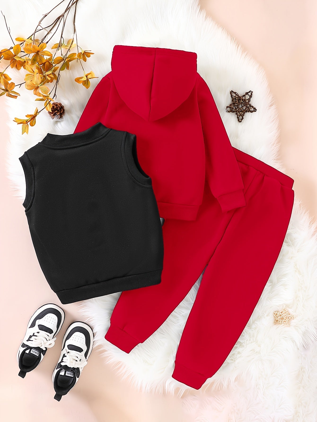 3pcs Girls' NYC Glitter Lettering & Golden Trim Winter Warmth Full-Zip Hooded Sweater & Wide-Leg Pants Set with Faux Fur Hood - Thickened Outerwear for Fall/Winter, Machine Washable - Pink & Black Lettering, White Lettering & MAEJORKEN