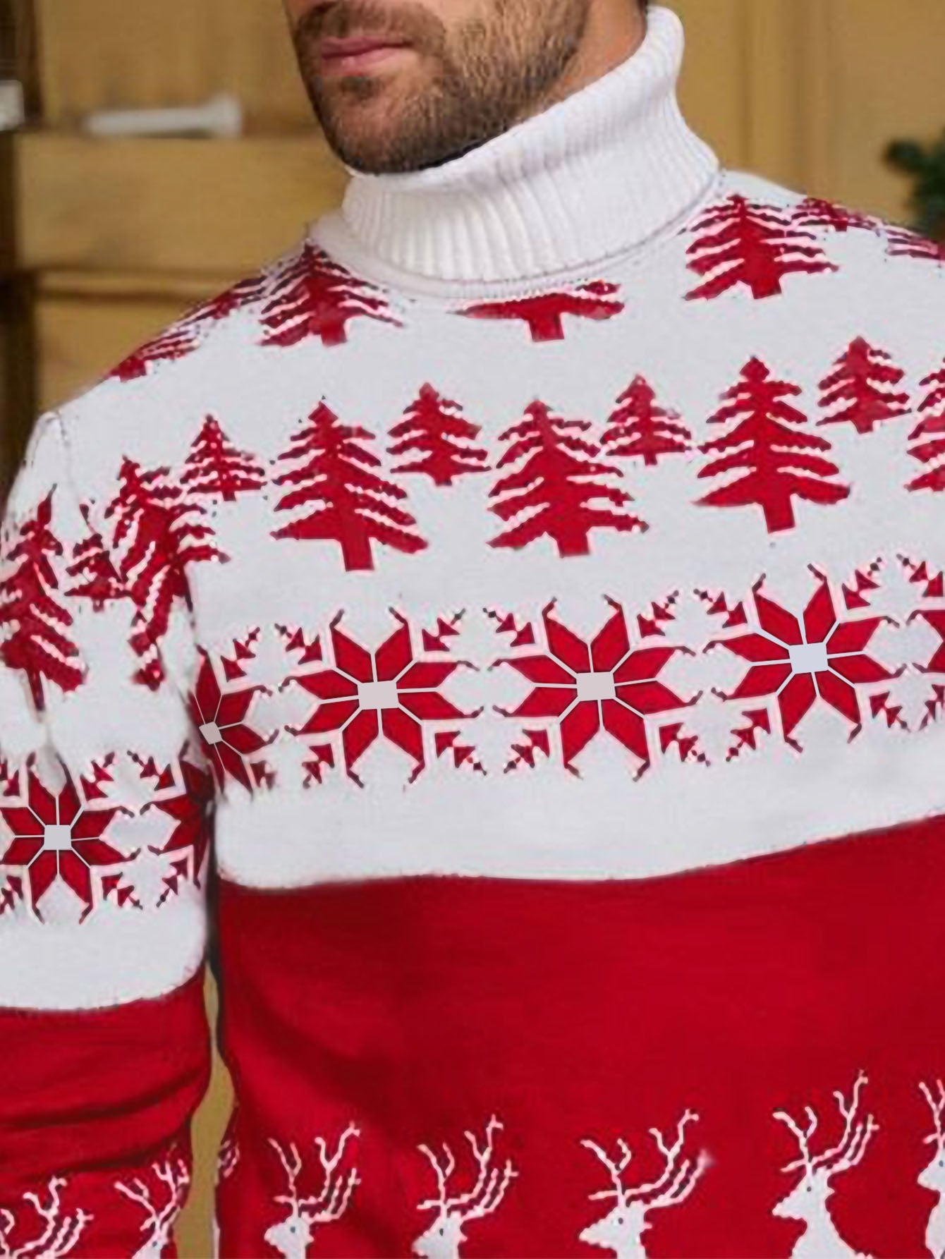 Men's Red & White Christmas Sweater with Reindeer & Snowflake Patterns - Collar Winter Knit Sweater Coat for Holiday Parties, Casual Outfits, Christmas Sweater For Men, Christmas Sweaters For Men, Christmas Jumper For Men, Ch MAEJORKEN