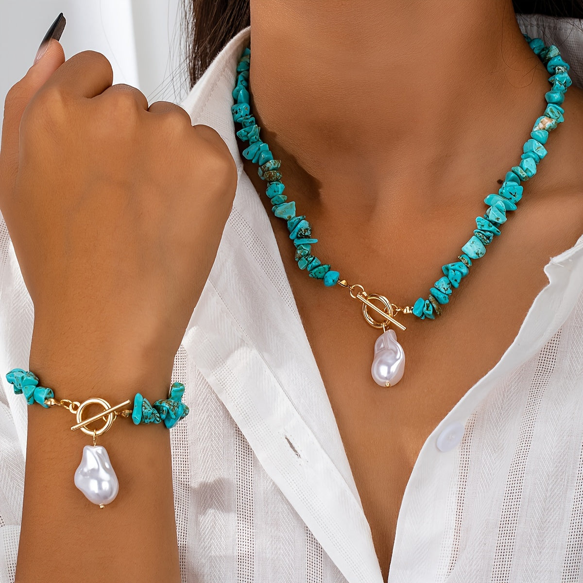 Ensemble de bijoux en perles turquoises et perles baroques collier + bracelet (coffret non inclus ) MAEJORKEN