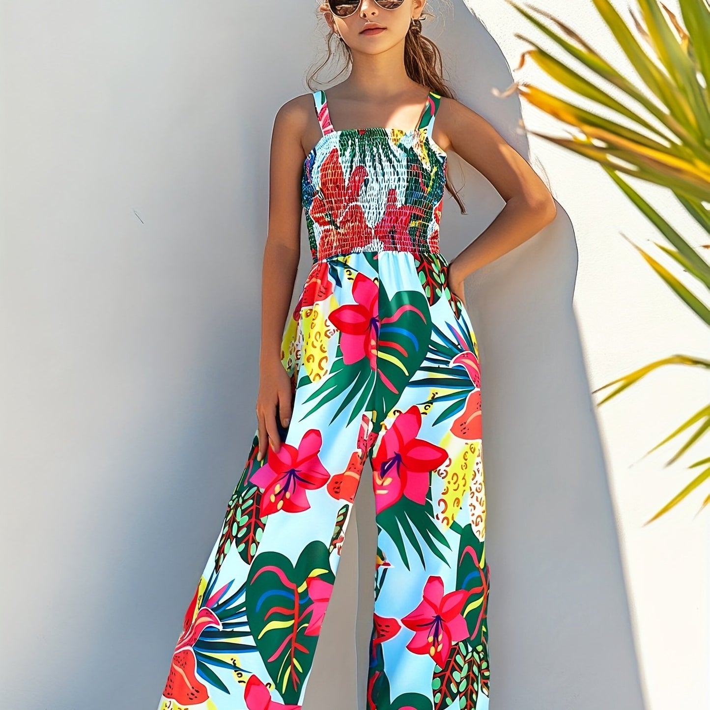 Combinaison élégante à imprimé floral avec taille froncée et design jambes larges du 7 au 16 ans