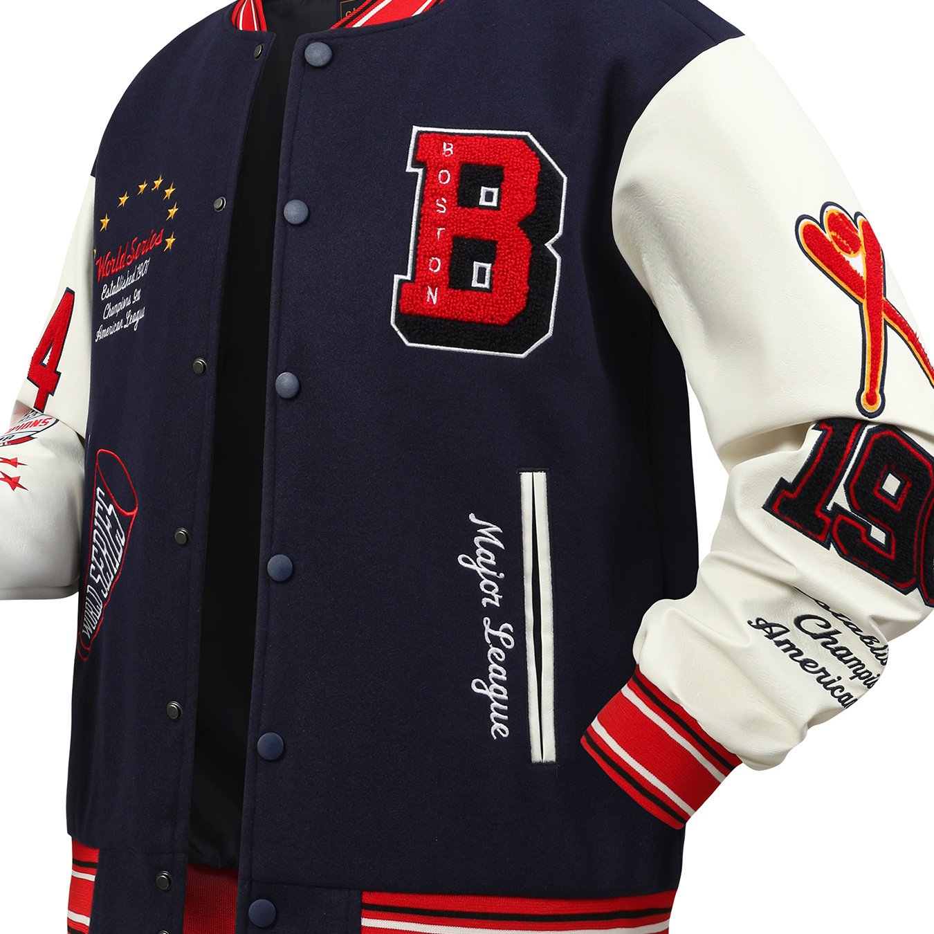 's Varsity Jacket with Sleeves & Number 19 Emblem - Oversized Loose-Fit College Letterman Blazer, Snap Closure, Red/White Trim, Baseball Collar & Pockets - Casual Sportswear for Events, Hip-Hop Street Style (Blue MAEJORKEN