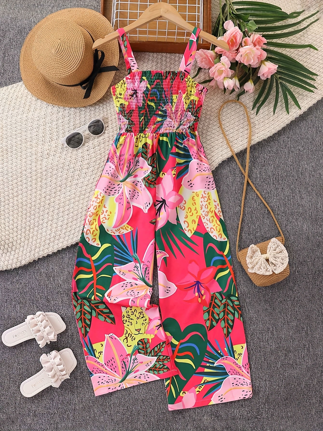 Combinaison élégante à imprimé floral avec taille froncée et design jambes larges du 7 au 16 ans