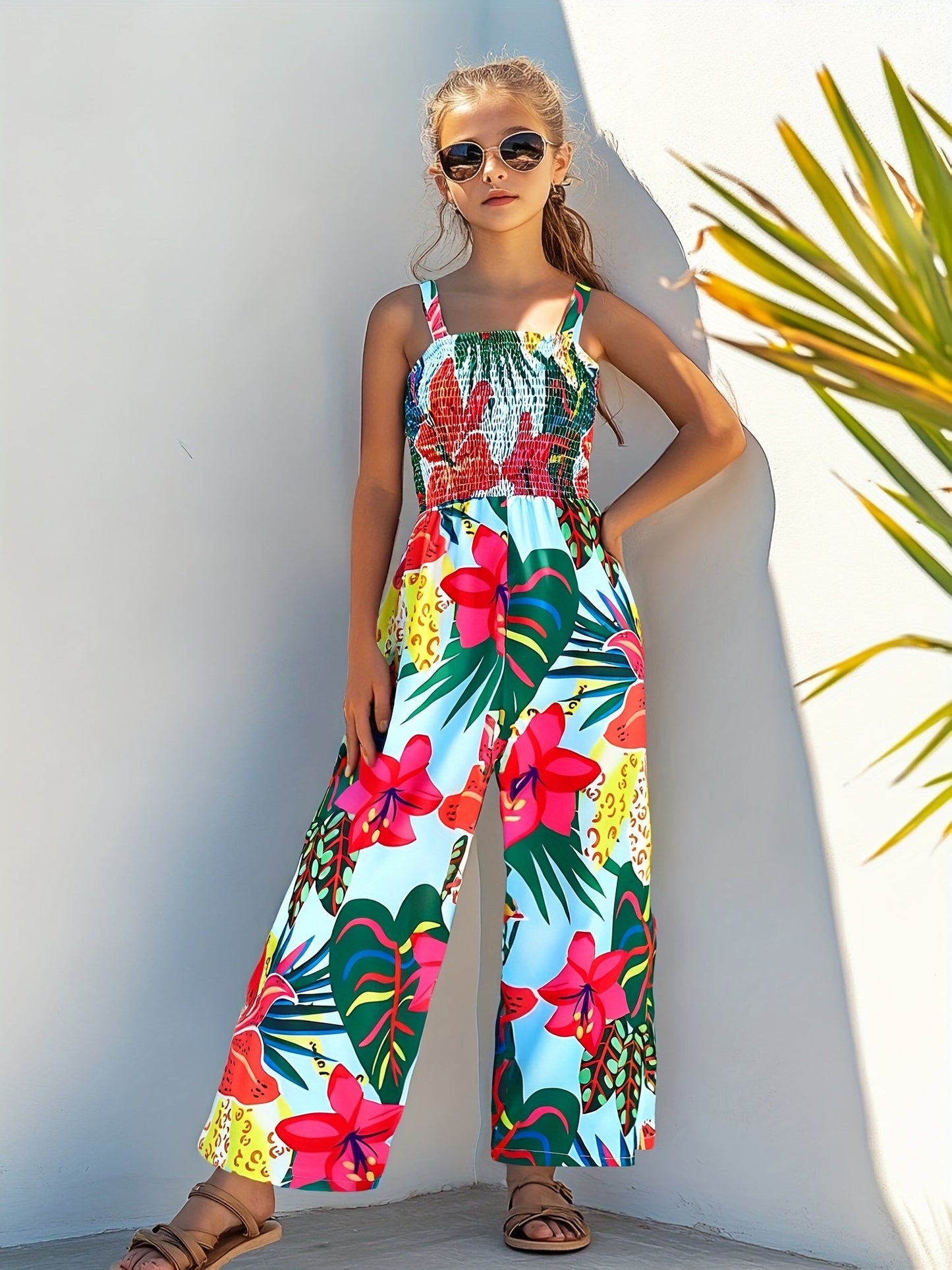 Combinaison élégante à imprimé floral avec taille froncée et design jambes larges du 7 au 16 ans MAEJORKEN