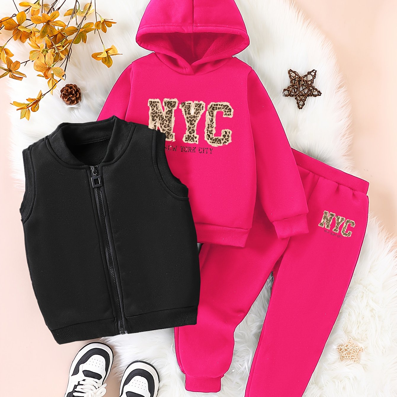 3pcs Girls' NYC Glitter Lettering & Golden Trim Winter Warmth Full-Zip Hooded Sweater & Wide-Leg Pants Set with Faux Fur Hood - Thickened Outerwear for Fall/Winter, Machine Washable - Pink & Black Lettering, White Lettering & MAEJORKEN