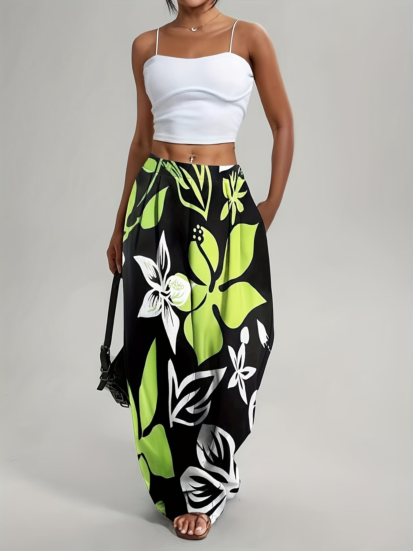 Pantalon large taille haute à imprimé tropical bohème du S au 2XL
