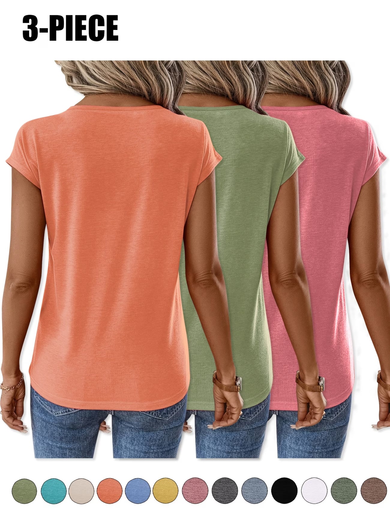 Nouveau lot de trois t-shirts d'été décontractés à la mode, unis, à manches couvrantes et col en V du S au 2XL MAEJORKEN