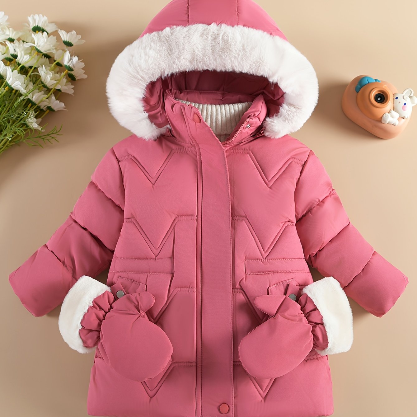 Girl'S Comfy Solid Color Long Sleeves Warm Hooded with Pockets & Gloves, Trendy Versatile Zip-Up Coat for Outdoors, Fall And Winter Best Choice MAEJORKEN