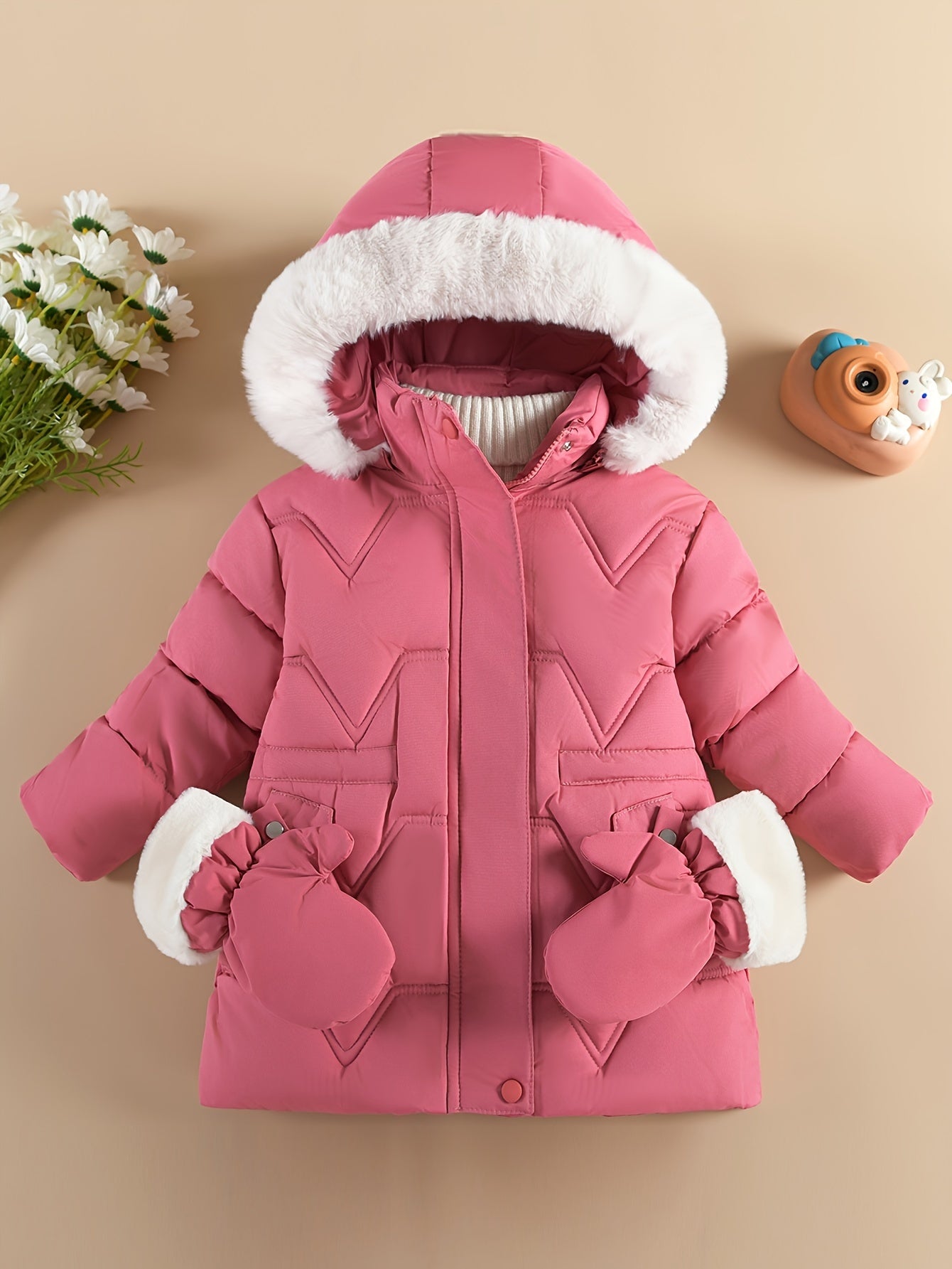 Doudoune à capuche couleur unie avec gant pour filles de 1 ans à 10 ans MAEJORKEN