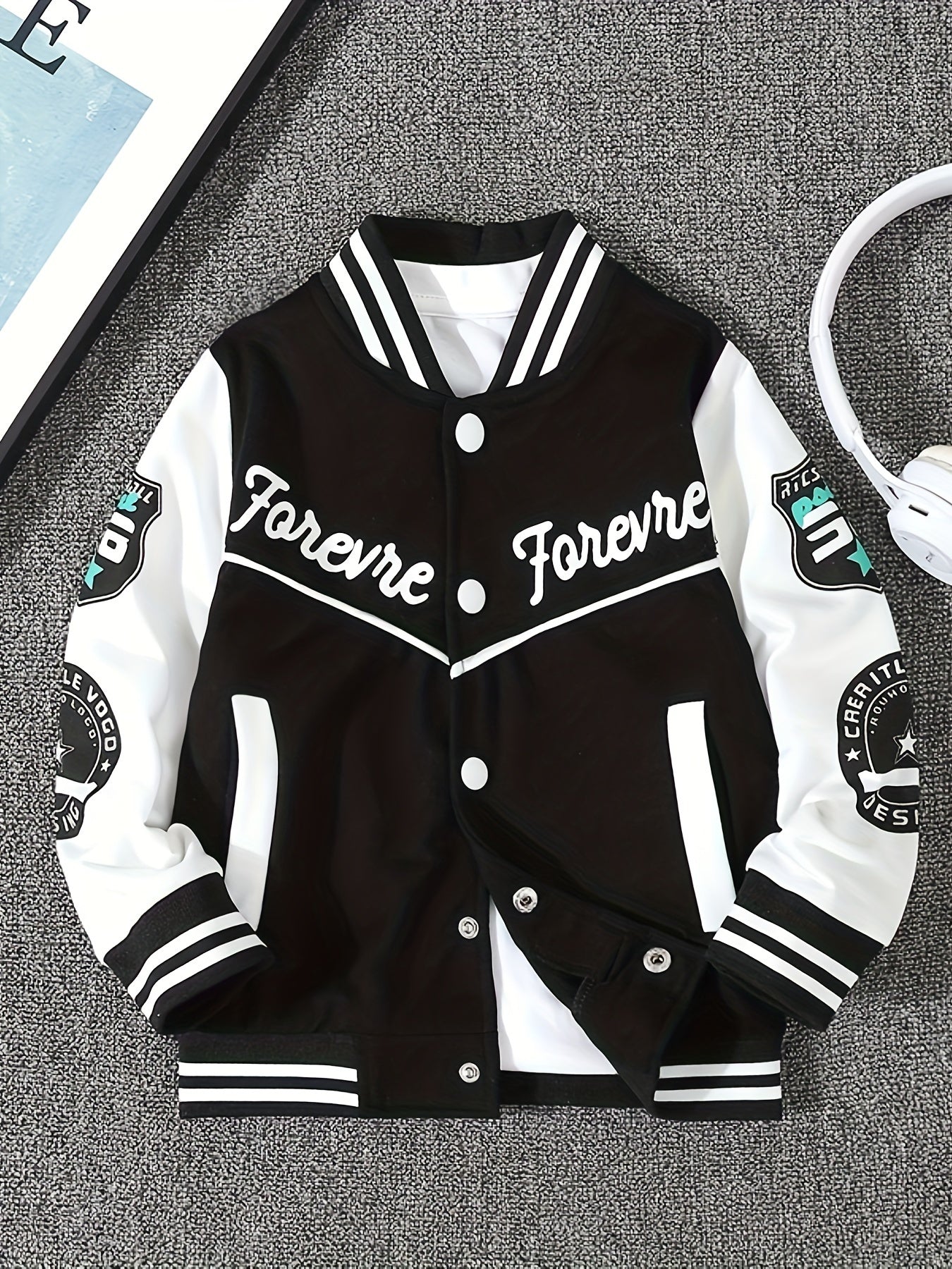 Veste de baseball garçons noir et blanc boutonnage devant du 4 au 13 ans