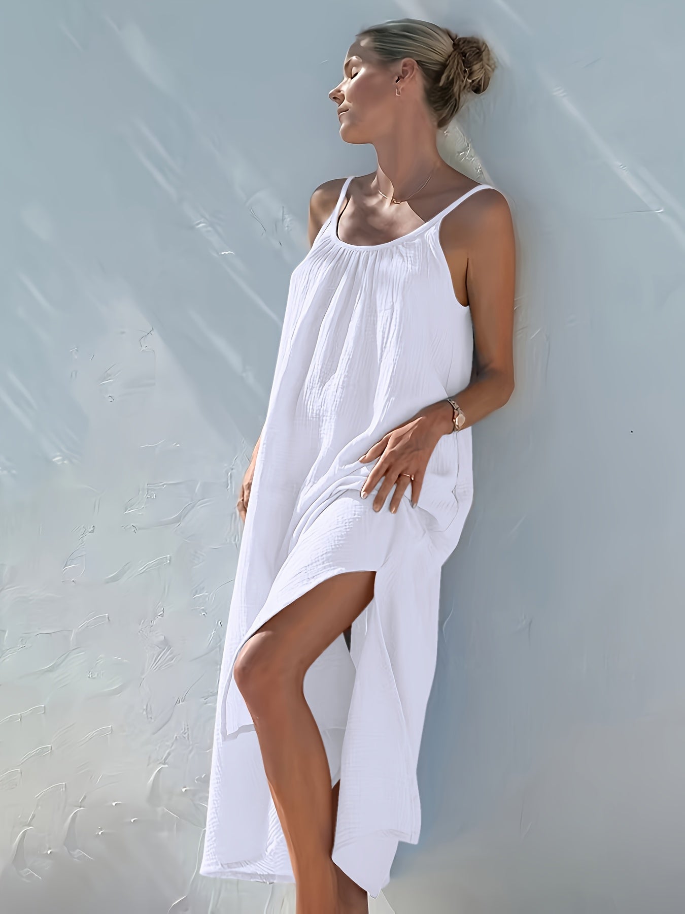 Robe d été sans manches avec plis sur le décolleté & fente latéral du S au 2XL