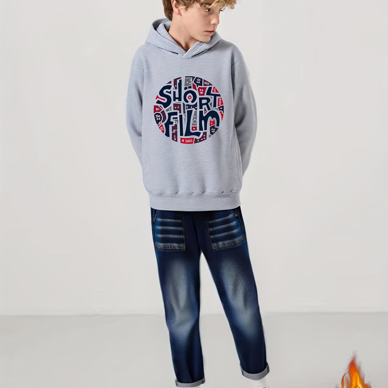 2025 New Boys' Fleece-Lined Hoodie Set - Autumn/Winter Thickened Style, SHORT FILM Letter Print Round Neck Top + Faux Denim Two-Piece Outfit for Ages 8-13, Trendy Kids' Clothing, Hand Washable & Easy Care, Warm Wear for Schoo MAEJORKEN