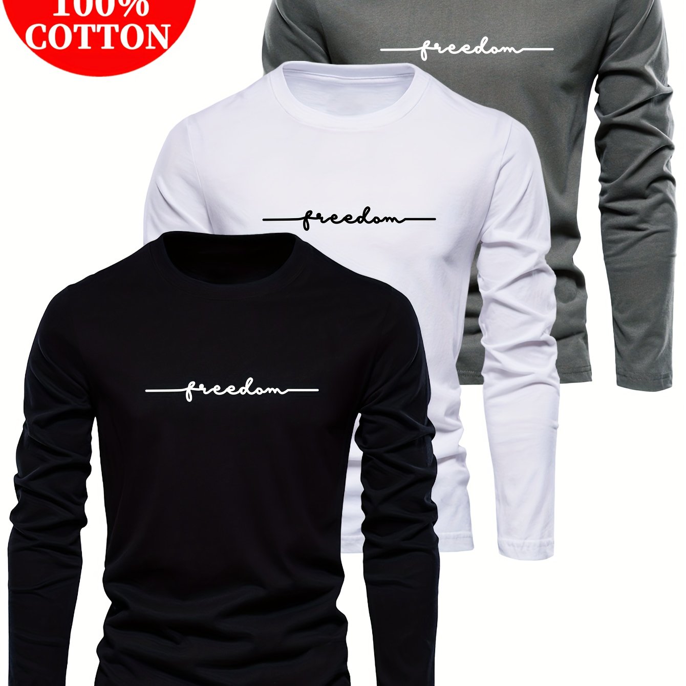Lot de 3 t-shirts à manches longues 100% coton du XXS au 2XL MAEJORKEN