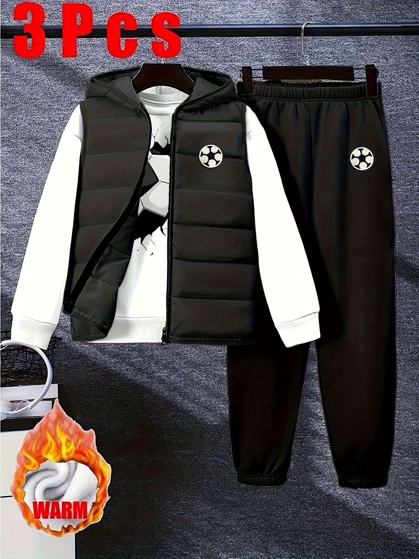 Boys' Autumn and Winter Black and Cartoon Football Set - 8-12Y Warm 3pcs Outfit (Fleece Vest + Sweatshirt + Pants), for Outdoor MAEJORKEN