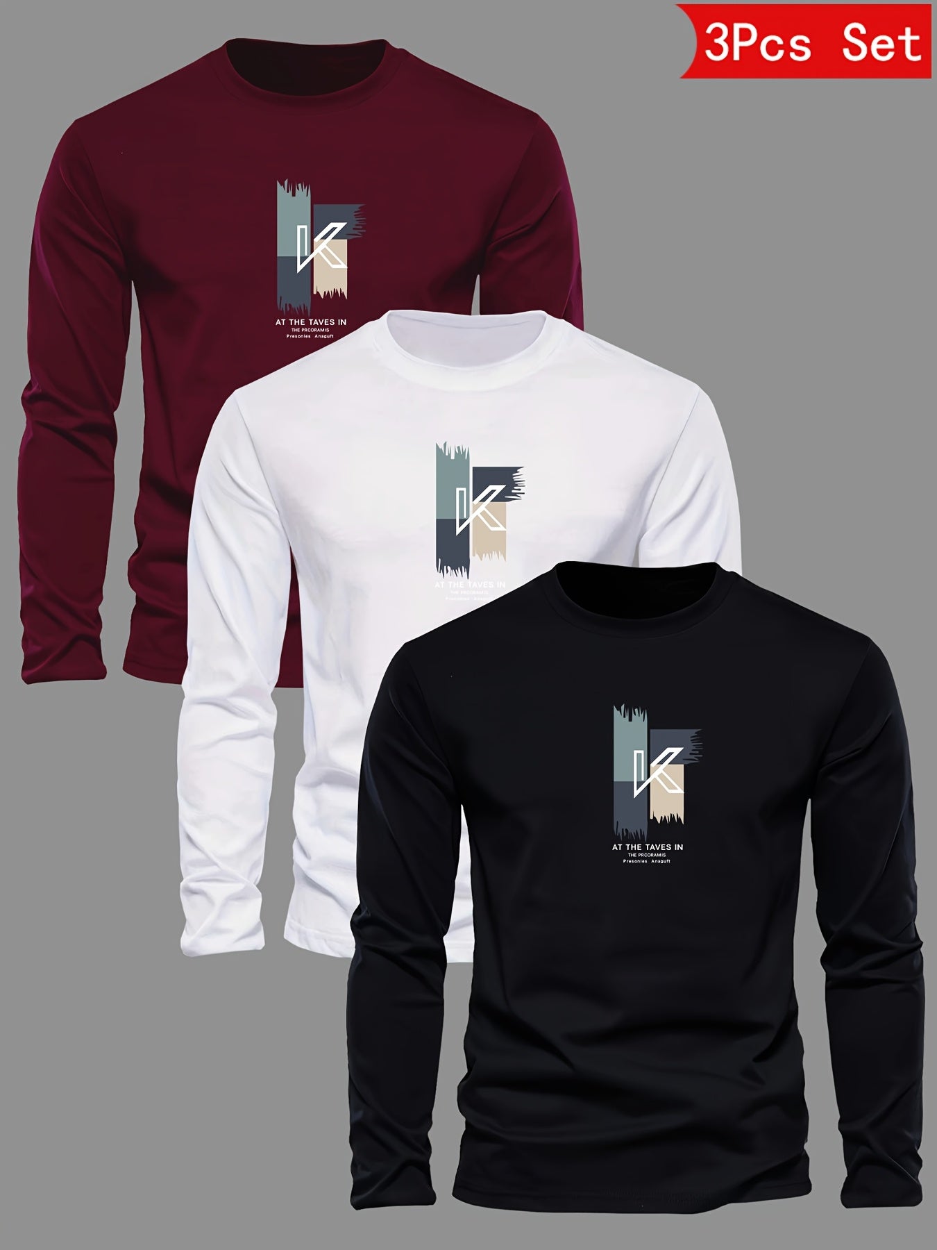 Lot de 3 t-shirts à manches longues 100% coton col rond du XS au 2XL