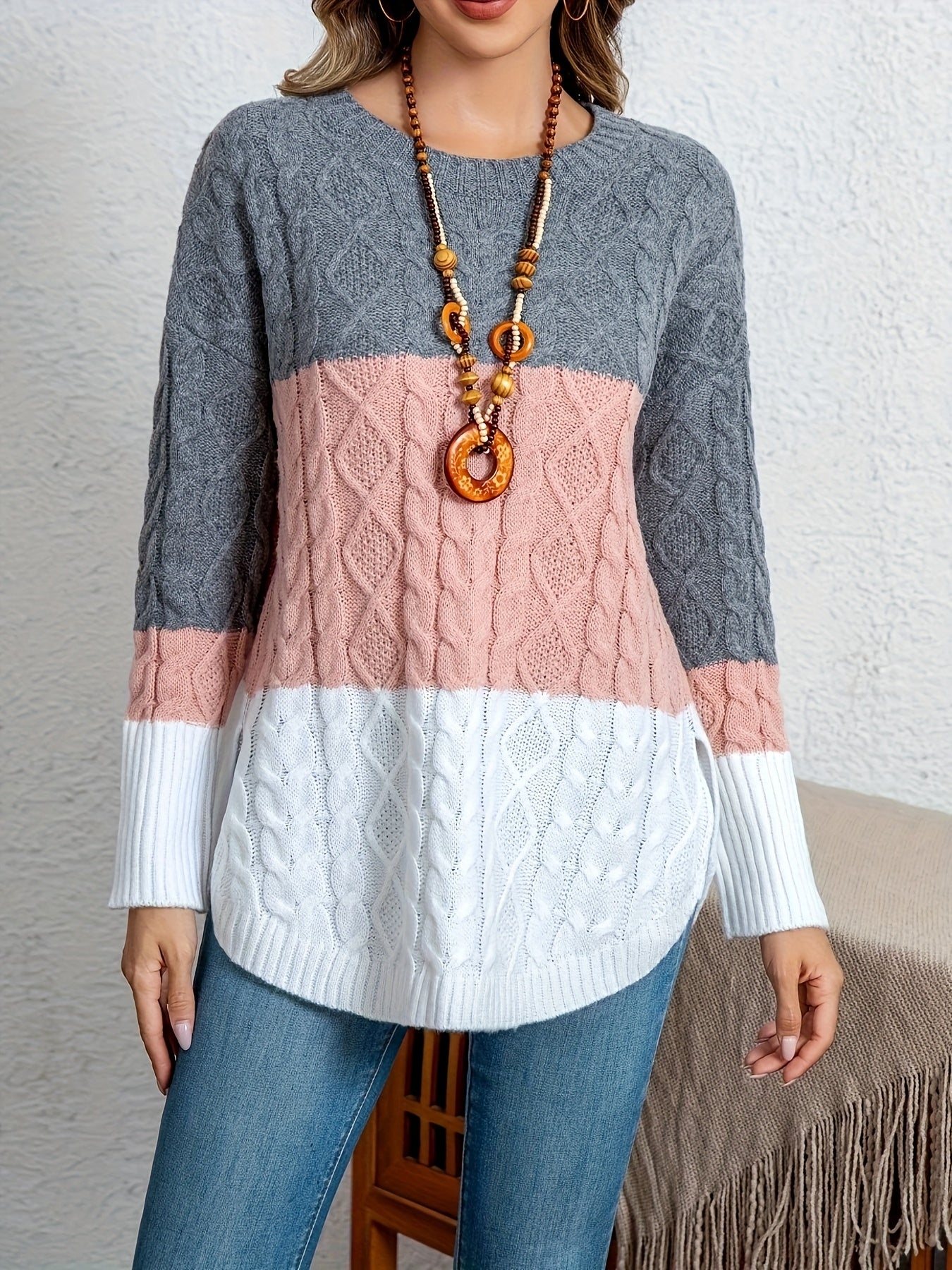 Pull en tricot torsadé à bloc de couleur du XL au 5XL