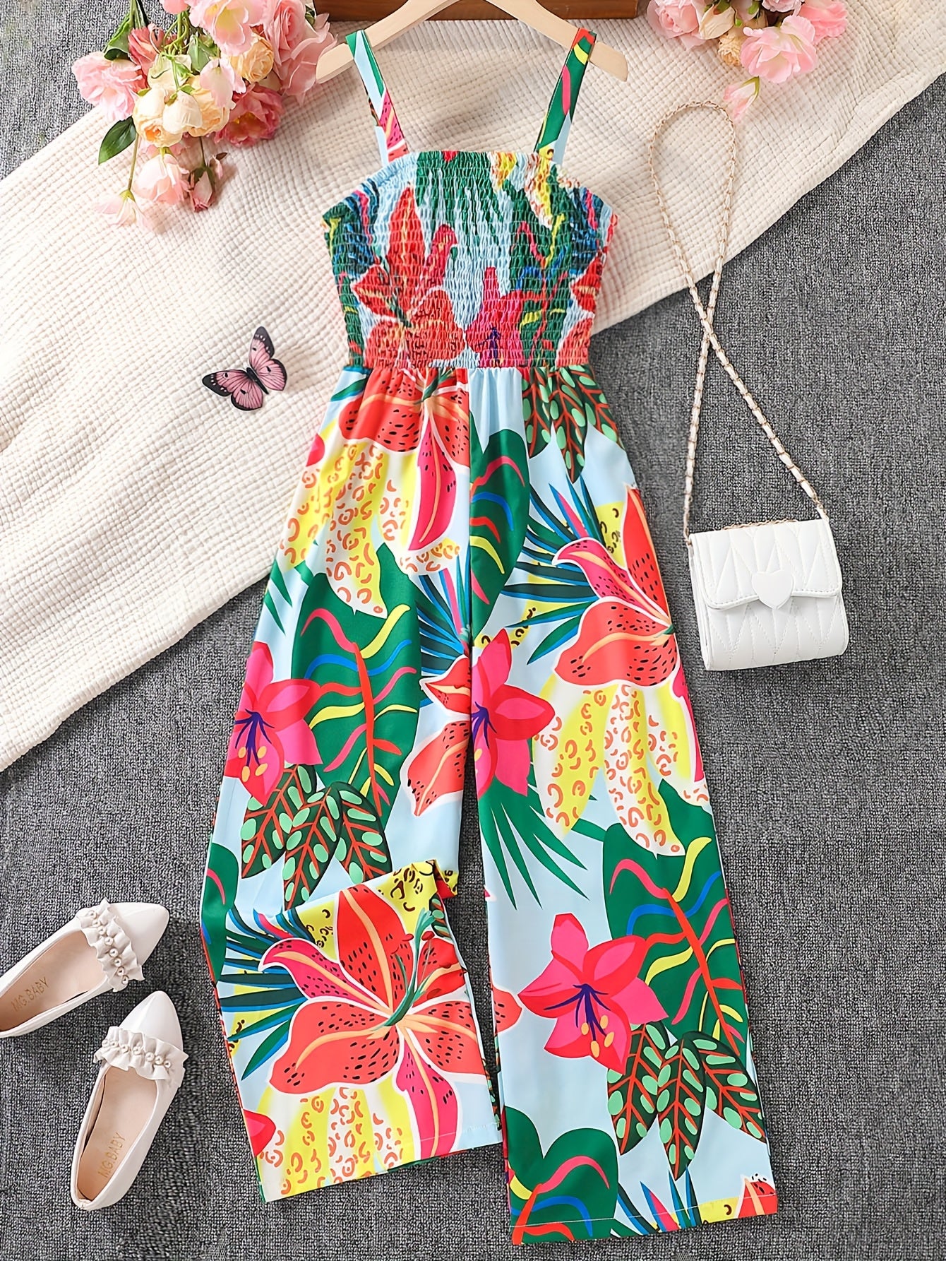 Combinaison élégante à imprimé floral avec taille froncée et design jambes larges du 7 au 16 ans