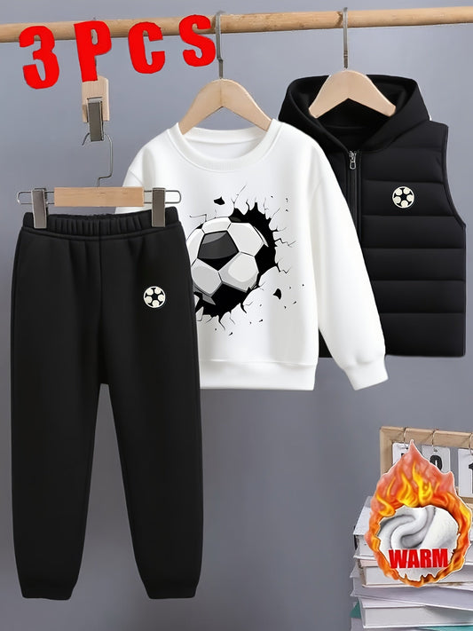Boys' Autumn and Winter Black and Cartoon Football Set - 8-12Y Warm 3pcs Outfit (Fleece Vest + Sweatshirt + Pants), for Outdoor MAEJORKEN