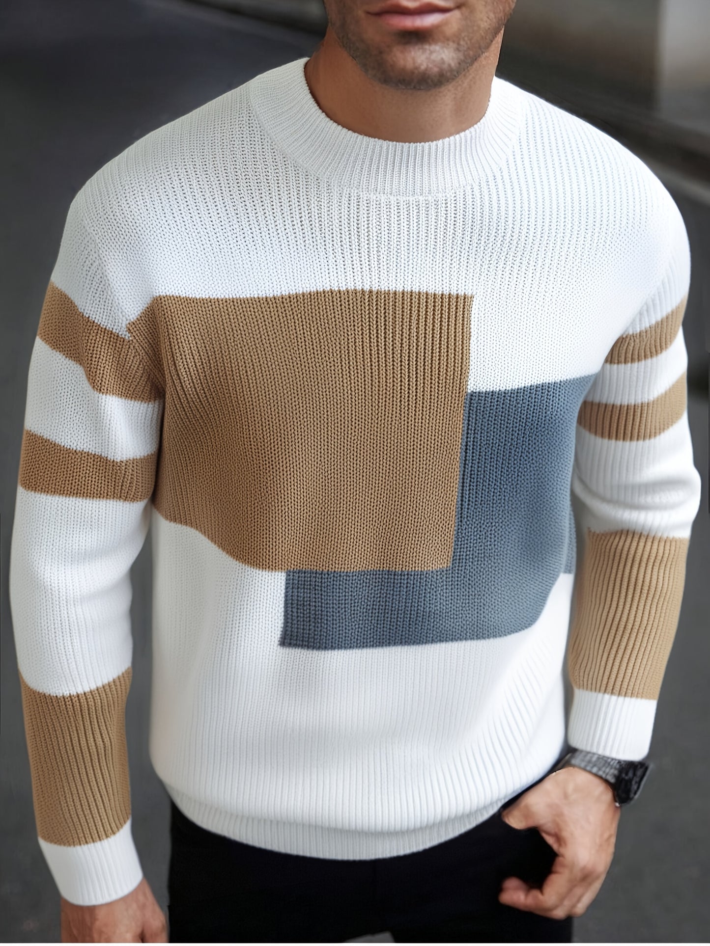 Pull à bloc de couleurs beige/bleu/gris à col rond du S au 2XL
