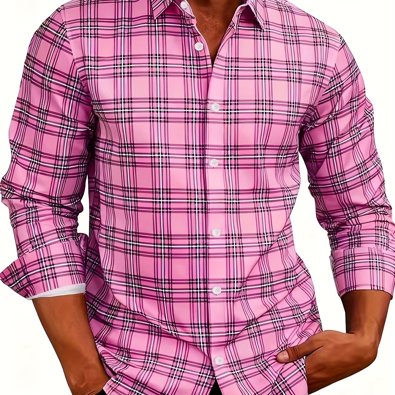 Men'S Pink & Plaid Checkered Long Sleeve Shirt - 3D Digital Print, Button-Up Collar, Single-Breasted, Regular Fit Casual & Formal Wear for Fall/Winter, Perfect For Parties & Casual Outings, Party Attire, Classic Collar, Styli MAEJORKEN