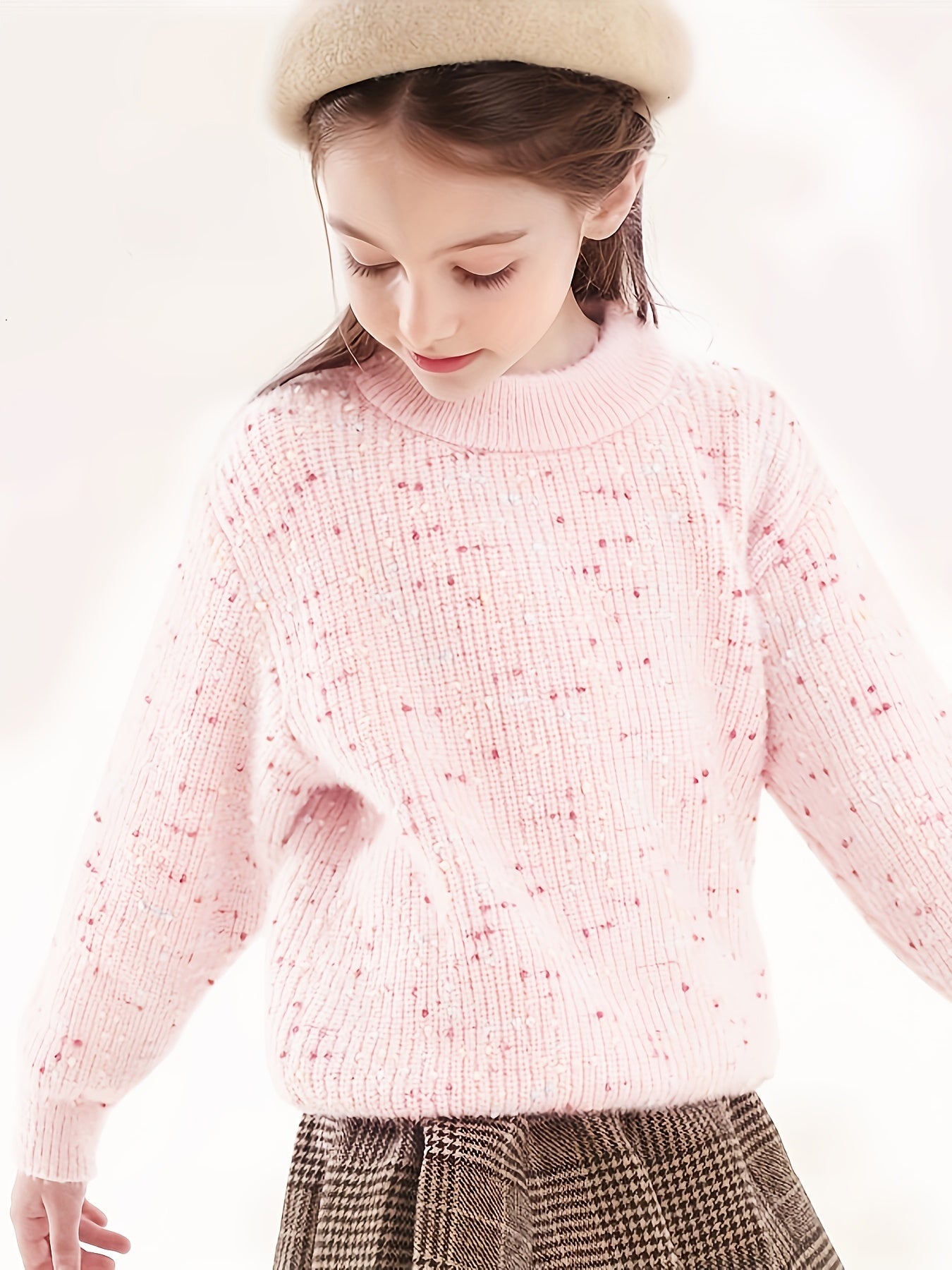 Kids' Cute Crew Neck Knit Sweater - Acrylic Blend (43.5% Acrylic, 34.5% Polyester, 22% Polyamide) - Fall/Winter Long Sleeve Pullover with Regular Fit and Medium Stretch - Solid Color with Floral Accents, Thick MAEJORKEN