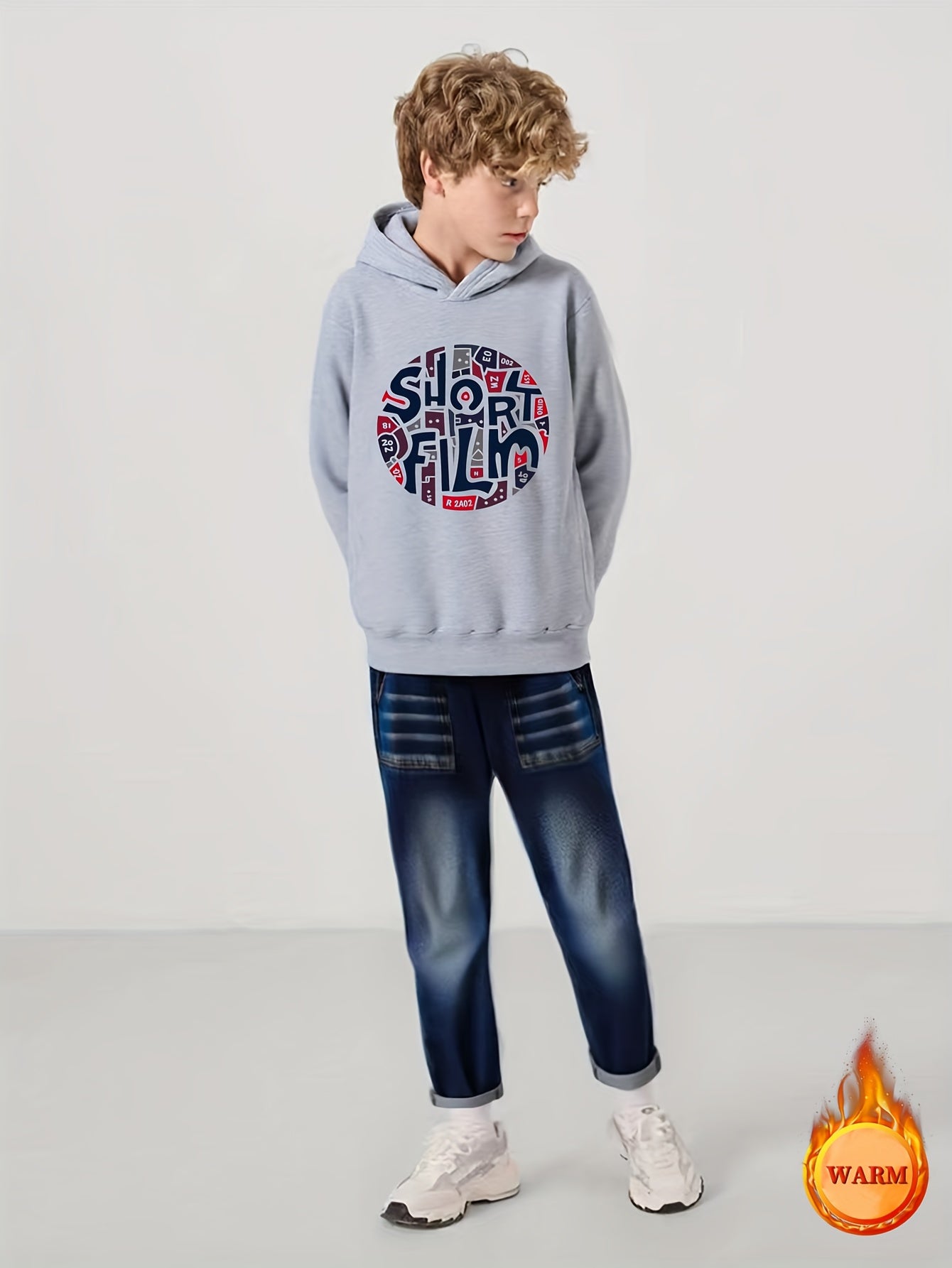 2025 New Boys' Fleece-Lined Hoodie Set - Autumn/Winter Thickened Style, SHORT FILM Letter Print Round Neck Top + Faux Denim Two-Piece Outfit for Ages 8-13, Trendy Kids' Clothing, Hand Washable & Easy Care, Warm Wear for Schoo MAEJORKEN